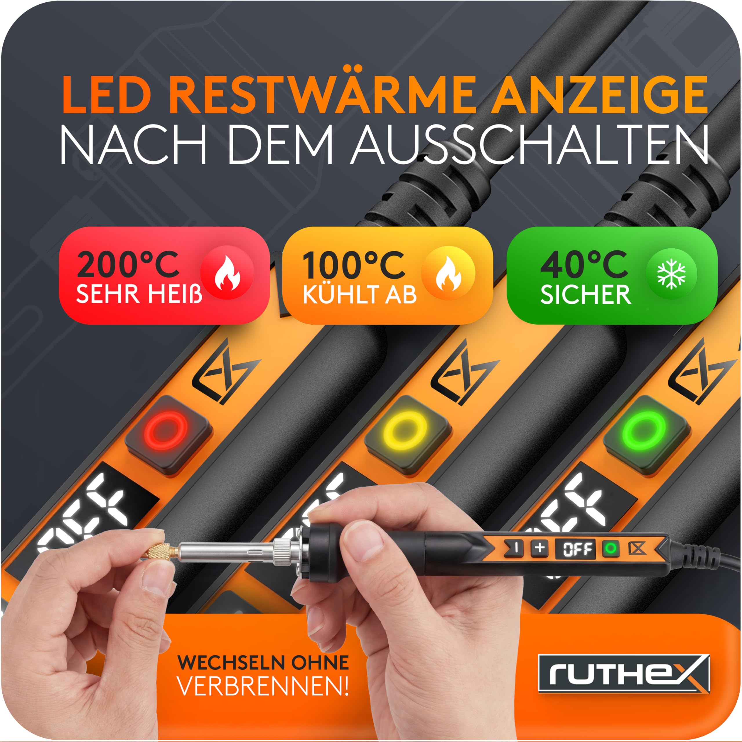 ruthex 900M Lötkolben mit LED-Display - 90W - Temperatur Einstellbar 150~500 ℃ - Abkühlphase mit LED Temperaturanzeige - Lötpistole mit 900M Lötspitze inklusive Ablageständer
