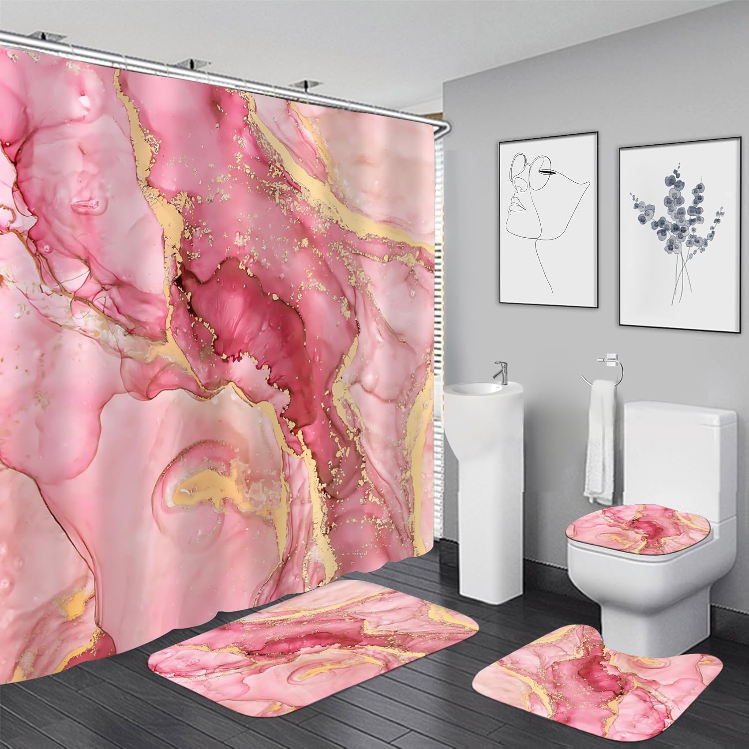 Nkzply 4 Pcs Pink Marble Shower Curtain Set Modern Abstract Bathroom Sets with Shower Curtain and Rugs Gold Fabric Shower Curtains for Bathroom Decor Accessories with Bath Rugs Toilet Lid Cover Hooks