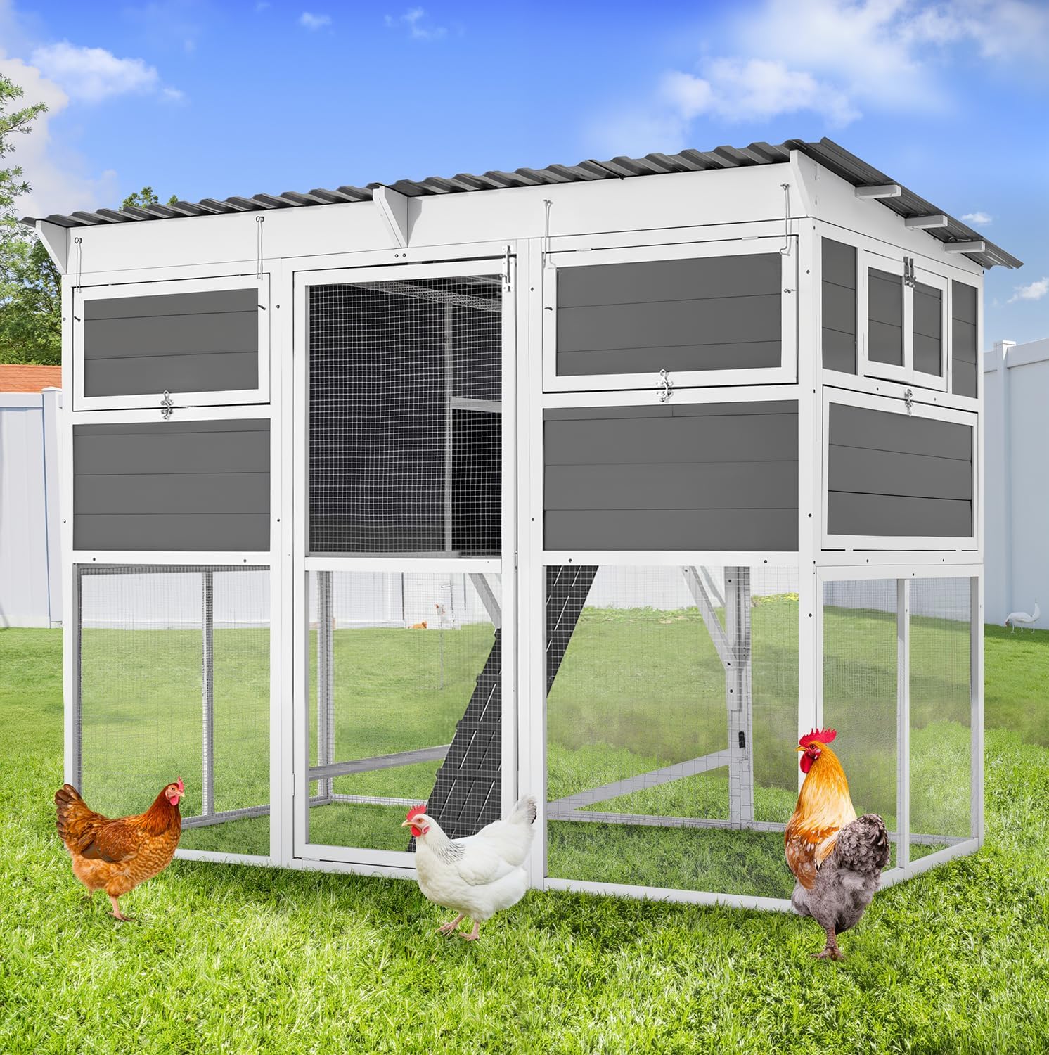 AECOJOY 83" Extra Large Chicken Coop with Run: Wooden Hen House, 6 Nesting Boxes & Roost for 6-10 Chickens, Predator-Proof Backyard Poultry Cage