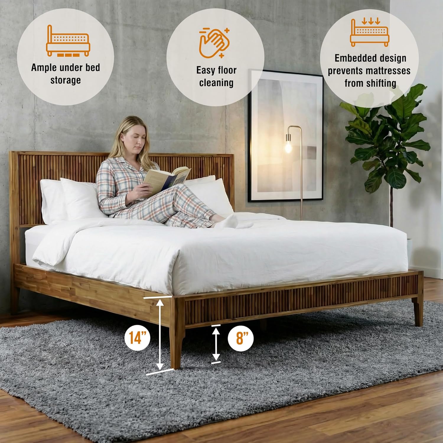 Bosk King Size Bed Frame with Headboard, Solid Acacia Wood Platform Bed, No Box Spring Need, Fluted Mid-Century Modern Design, Easy Assembly, Compatible with 8-12-14"" Mattress Thickness, Walnut