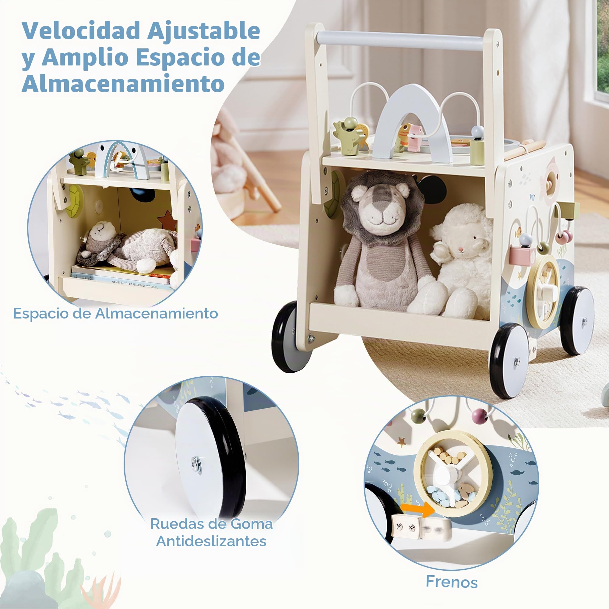 ROBUD Ayuda para caminar de madera, juguete deslizante para niños pequeños con regulación de altura y velocidad, centro de actividades, ayuda para caminar bajo el agua para niños pequeños de 10 a 36