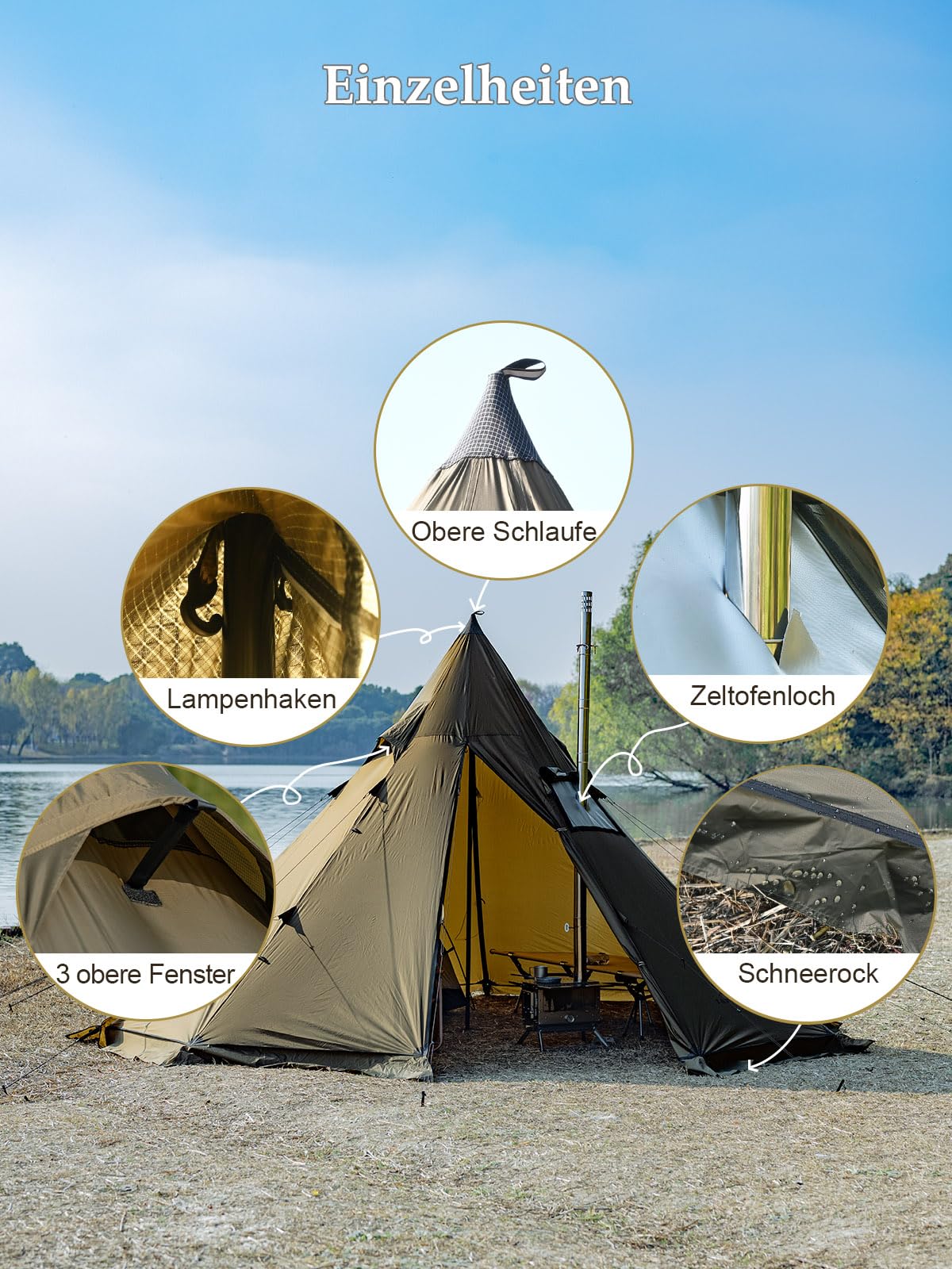TOMOUNT Tipi - Tienda de campaña para 6 personas (nailon, con orificio para horno, 4 años, para exteriores, camping, senderismo, trekking)
