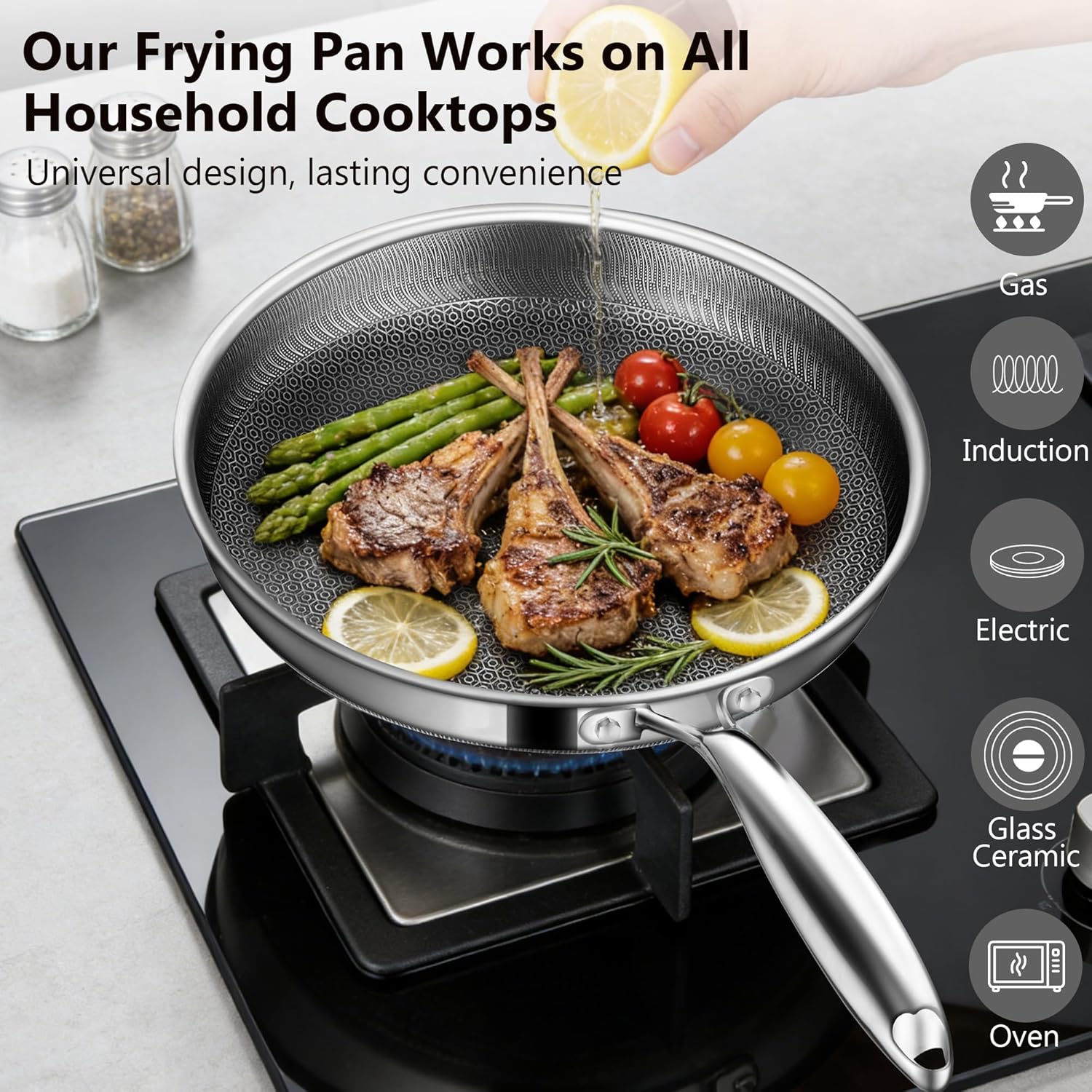 Non Stick Frying Pans, 12-inch with Lid, Hybrid Frying Pans Nonstick Stainless Steel Skillets, Dishwasher & Oven-Safe, Stay-Cool Handle, PFOA Free Cookware, Compatible with All Cooktops