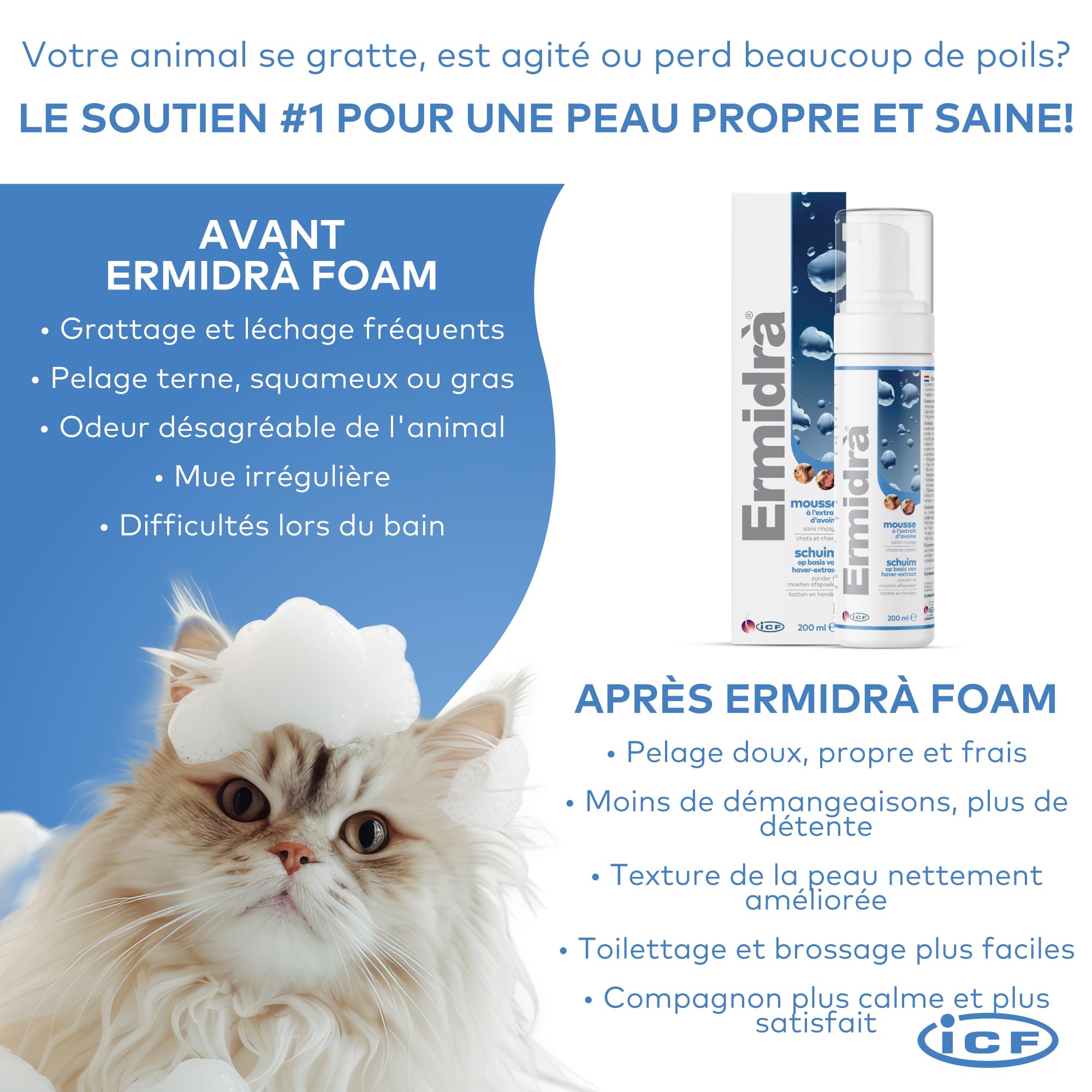 ICF Ermidrà Foam pour Chien et Chat | Soin Réhydratant sans Rinçage | 200 ML | Foam Apaisante Hydratante