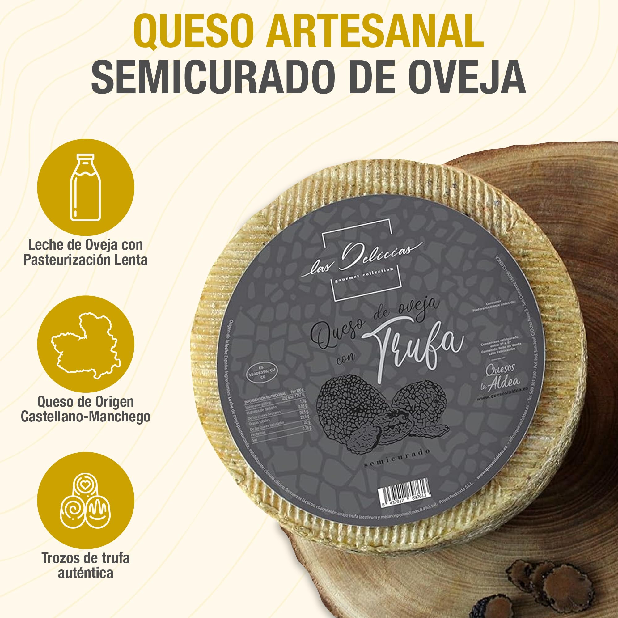 Fromage LA ALDEA Artisanal | Fromage de Brebis Mi-Affiné à la Truffe 0,75 kg | Affiné 3 Mois, Lait de Brebis | Fromage Gourmand, Coffret Cadeau de Fromages Gourmands, Panier Gourmand