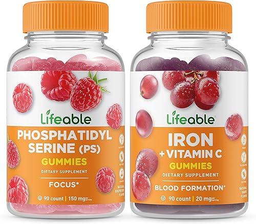 Lifeable Fosfatidilserina (PS) + hierro con vitamina C, paquete de gomitas – Gran sabor, suplemento vitamínico, sin gluten, sin OMG, gomita