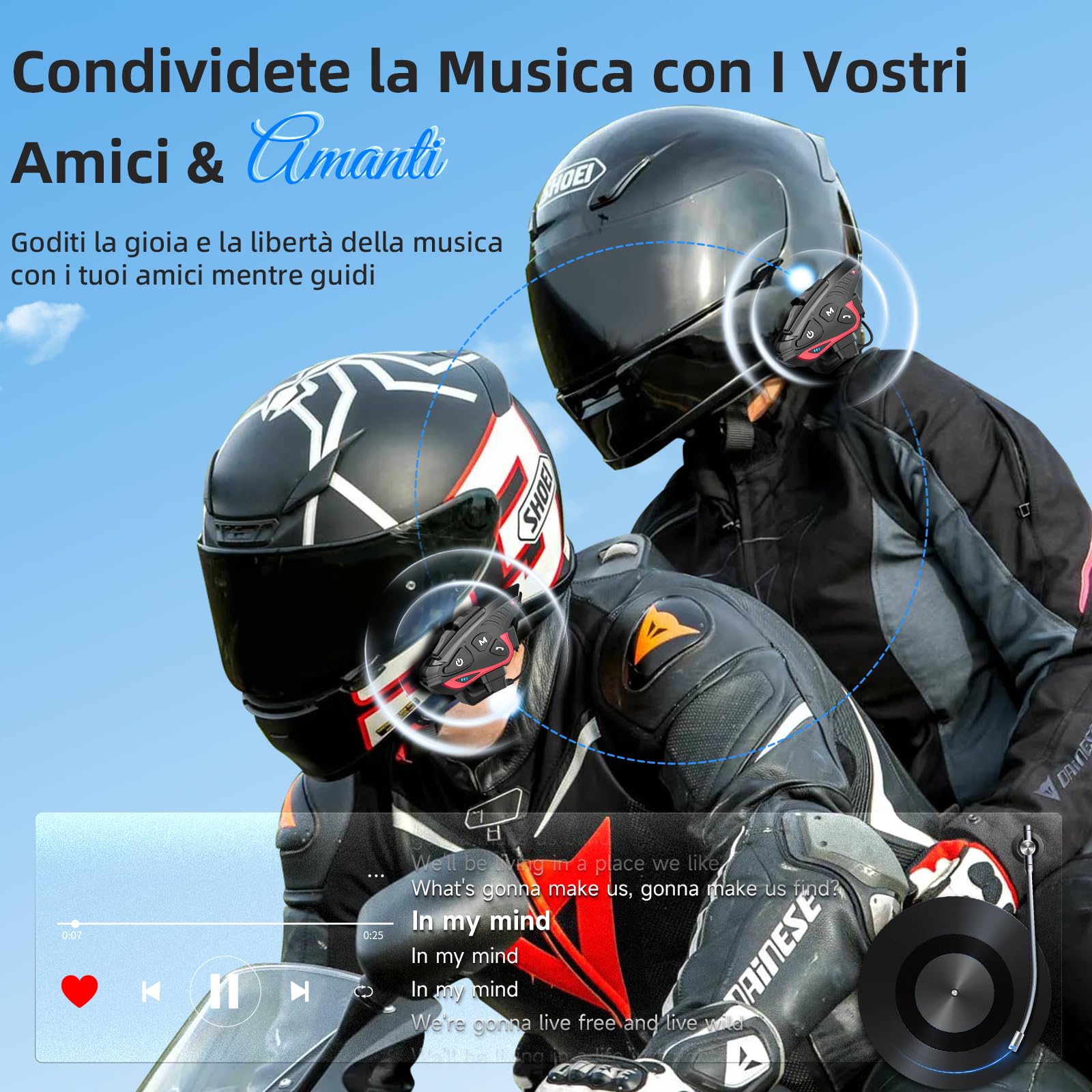 Moman Interfono Moto, CP-S Auricolare Casco Moto 8 Motociclisti 2000M Sistema di Comunicazione Connettività Universale con Radio FM Cancellazione del Rumore Condivisione Musica Impermeabile, Singolo