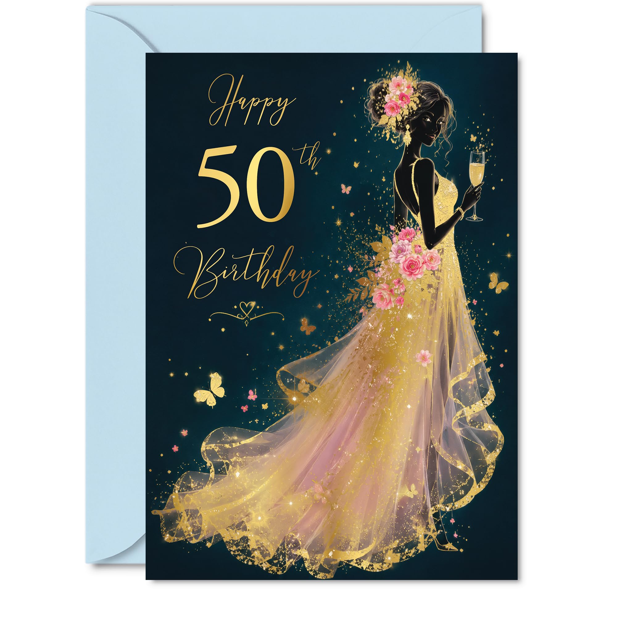 Milestone 50th Birthday Card - Shimmer, Sparkle and Celebrate - Glamorous Woman in Gold Gown with Flowers, Butterflies and Bubbly - 5X7 Inch, Envelope Included