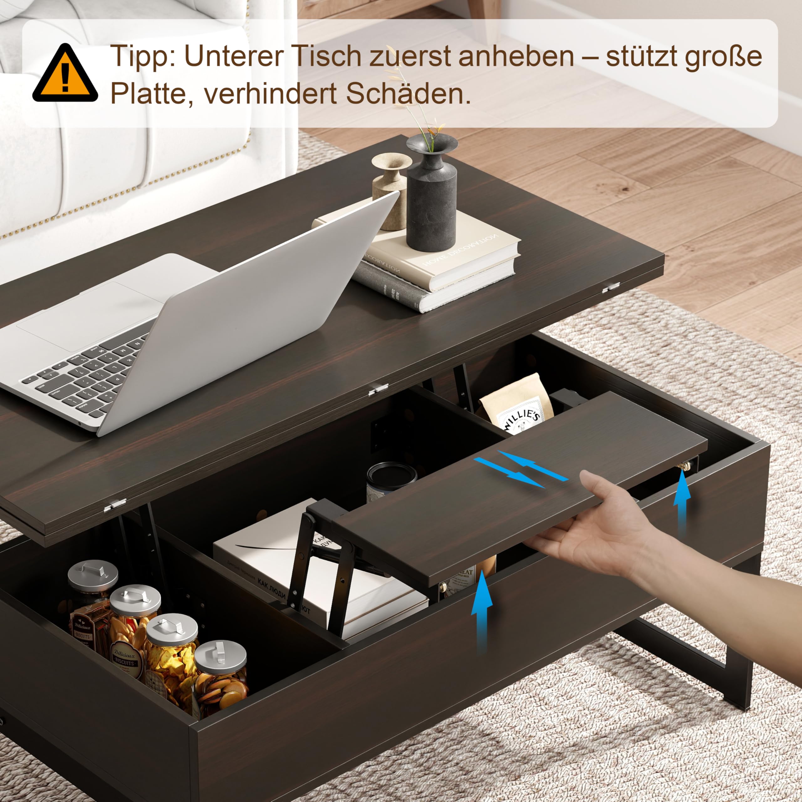 Manora Höhenverstellbar Couchtisch Ausziehbar,Wohnzimmertisch mit stauraum,Couchtisch Verstellbar,Kaffeetisch aus Holz Sofatisch für Wohnzimmer,Industrial Style (Bräunlich-schwarz)