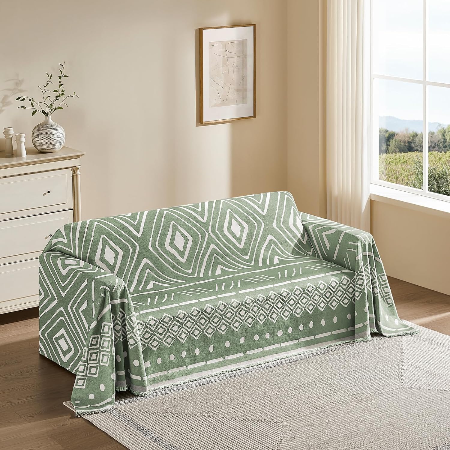 Boho Couch Cover for Dogs Washable Chenille Sofa Covers Reversible Sofa Slipcover Pet Friendly for Sectional Sofa, 2 or 3 Cushion Couch (Boho1 Sage Green, 91" x 134")