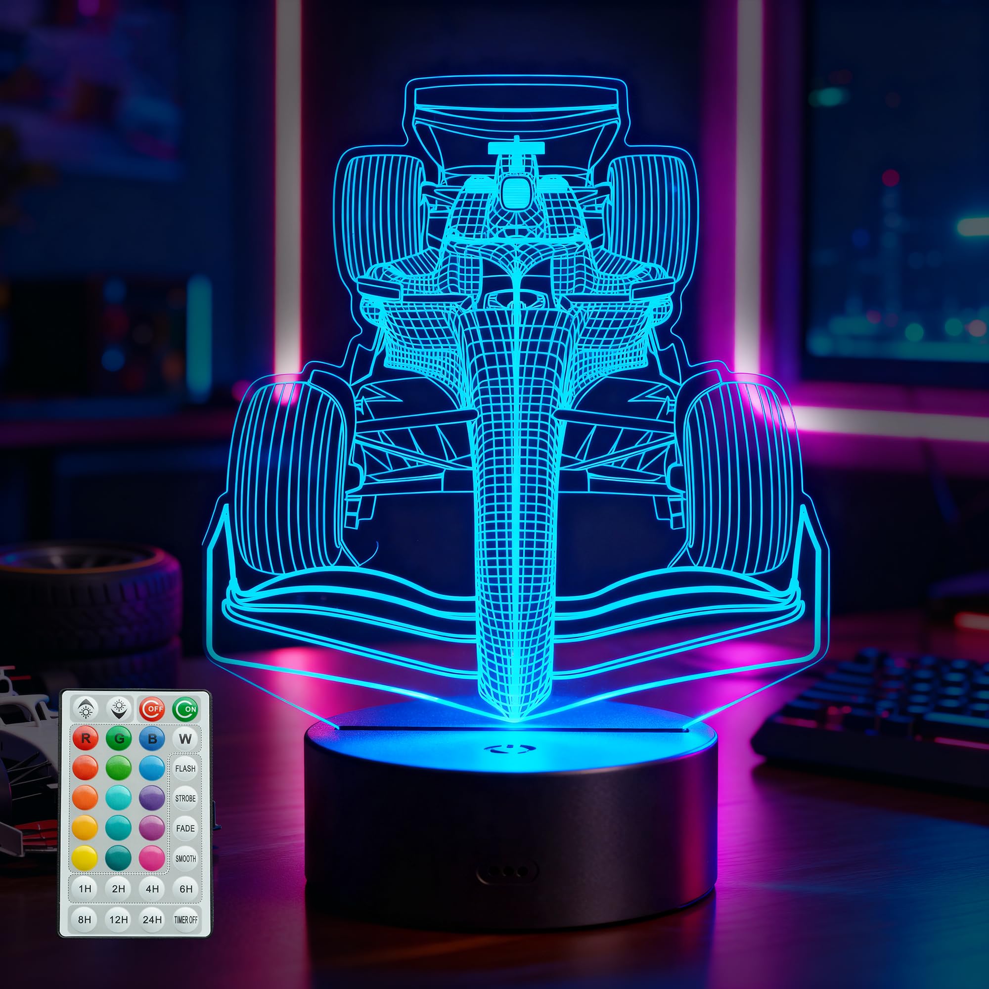 F1 Racing Car Gifts for Boy, Formula One Night Light with Remote Control, 16 Colors Changing, Timer, RGB Flashing Mode and Dimmable, Racing Car Merch for Boys Birthday Holiday Christmas Decor