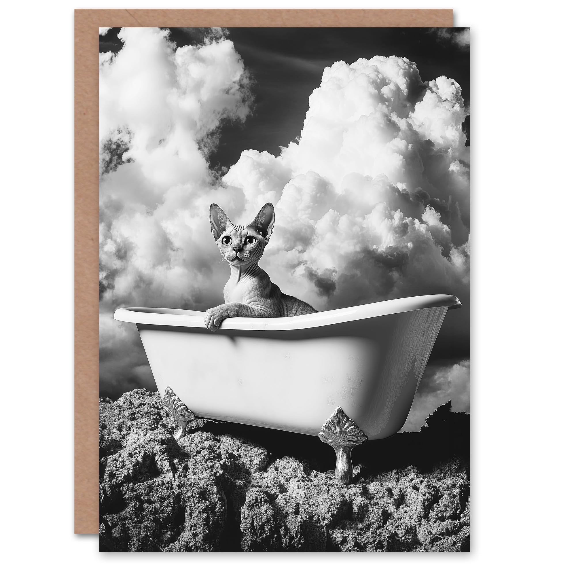 Artery8 Greeting Card Cat Lover Sphinx in Bathtub Black White Surreal Blank For Him Or Her Art Birthday Card
