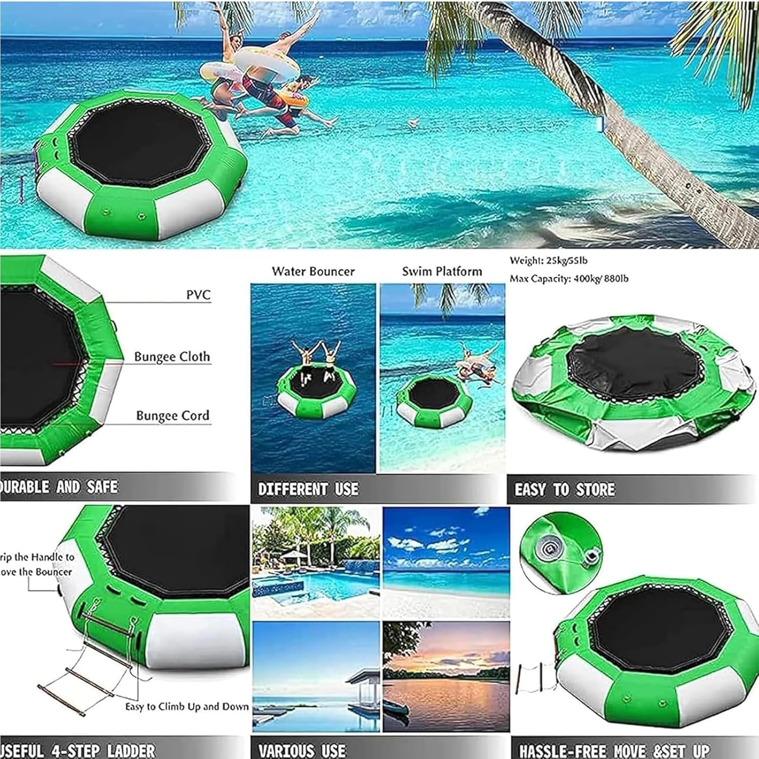 Trampolino gonfiabile ad acqua con scivolo e salto, piattaforma di gioco galleggiante per laghi, piscine e mare calmo