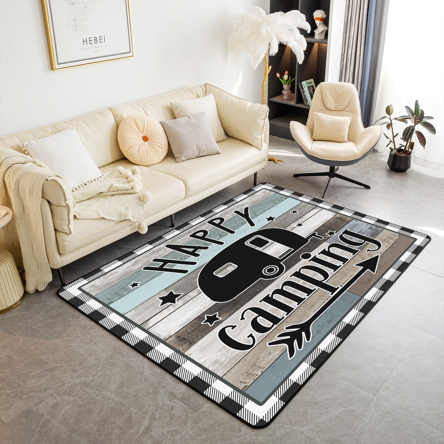 Camper Area Rug 5x7 Kids Buffalo Check Decorative Carpet Set for Boys Girls Teens Happy Camping Living Room Rugs RV Indoor Floor Mat Room Decor Cartoon Camping Car Accent Rug