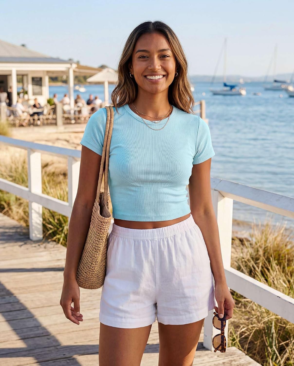 Real Essentials 4-Pack: Women's Short Sleeve Ribbed Knit Cotton Crew Neck Crop Top T-Shirt - (Available in Plus)