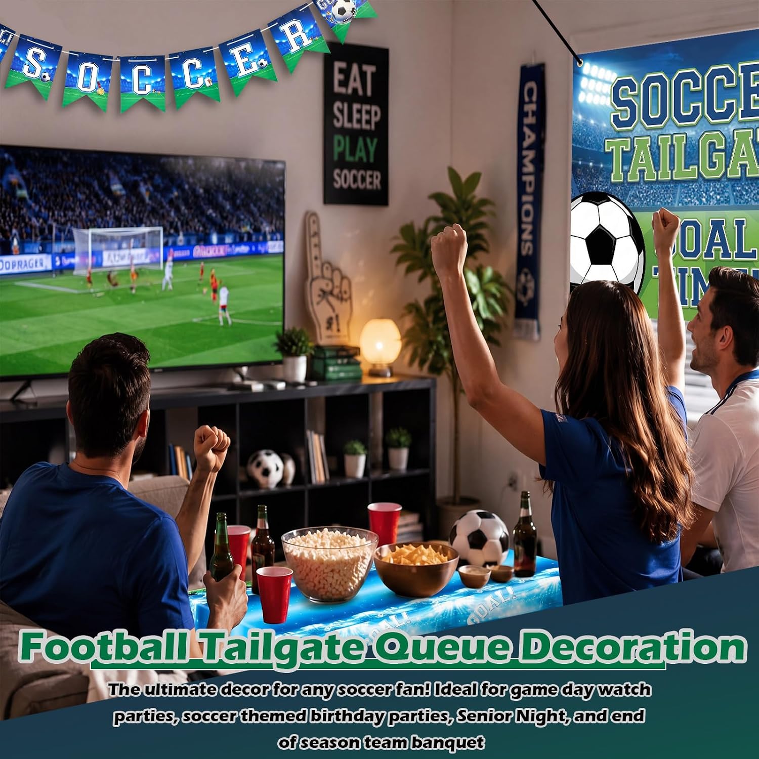 Breling Soccer Tailgate Party Decorations Set, Soccer Goal Banner, Stadium Backdrop & Football Field Table Cover for Game Day, Sports Party, Trunk or Treat Car Decor (Blue Stadium)