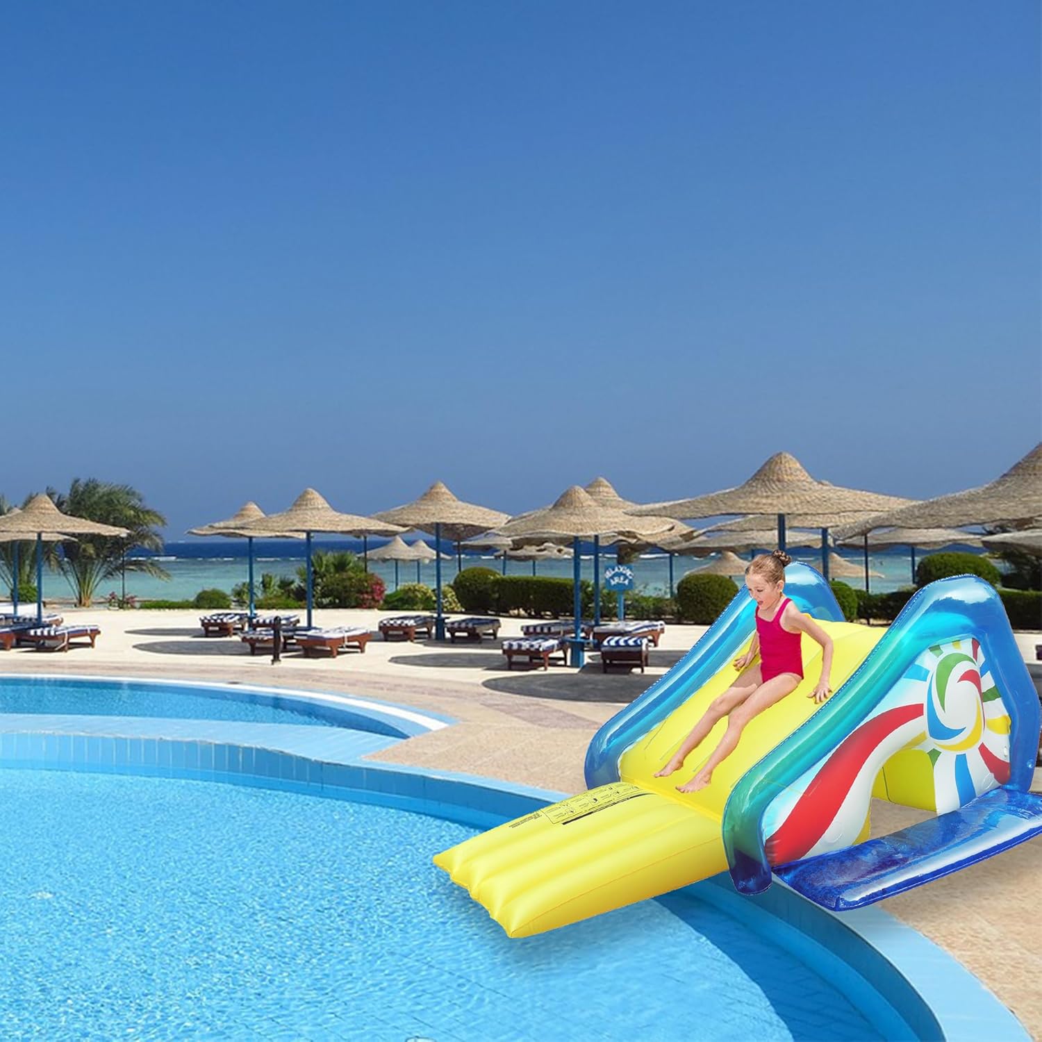Yellow and Blue Pool Side Slide with an Attached Sprayer 98-Inches