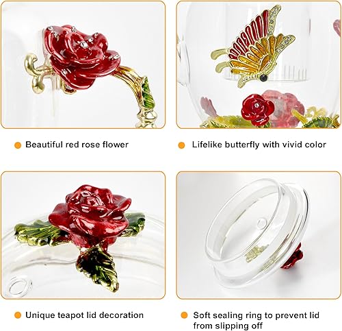 Miniatura 7 de Tetera de esmalte grande de 46 oz44.0 fl oz con infusor, tetera de vidrio floral con mariposa de flor de rosa roja, infusor extraíble para té