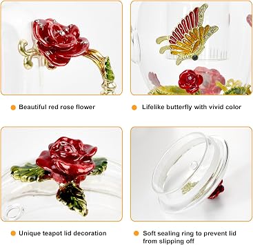 46oz/1300ml Large Enamel Teapot With Infuser,Floral Glass Teapot With Red Rose Flower Butterfly,Removable Infuser For Blooming Tea,Loose Leaf Tea,Fruit Tea,Tea Bag