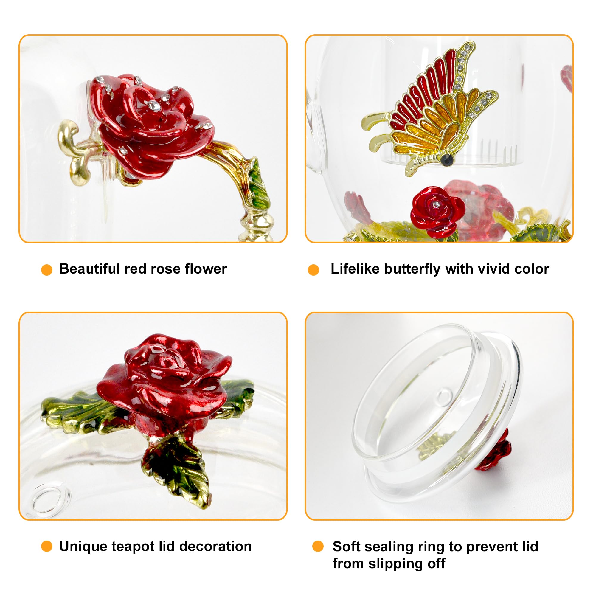 1300 ml große Emaille-Teekanne mit Teesieb, florale Glas-Teekanne mit roter Rose, Blume, Schmetterling, herausnehmbares Teesieb für blühenden Tee, losen Tee, Obsttee, Teebeutel