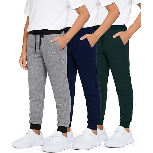 Real Essentials 3 Pack: Boys' Cotton Fleece Jogger Sweatpants - Active Athletic Youth Pants for Teens with Pockets