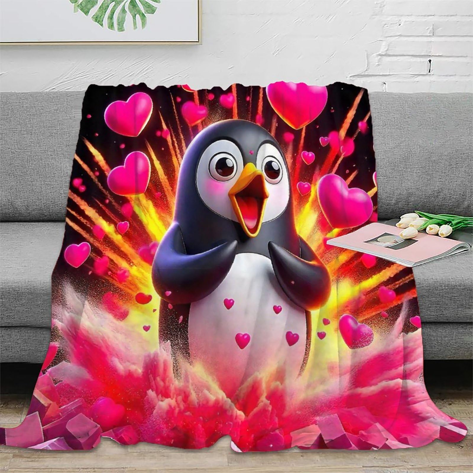 Couverture en peluche pingouin 3D 180x200cm grand plaid doux