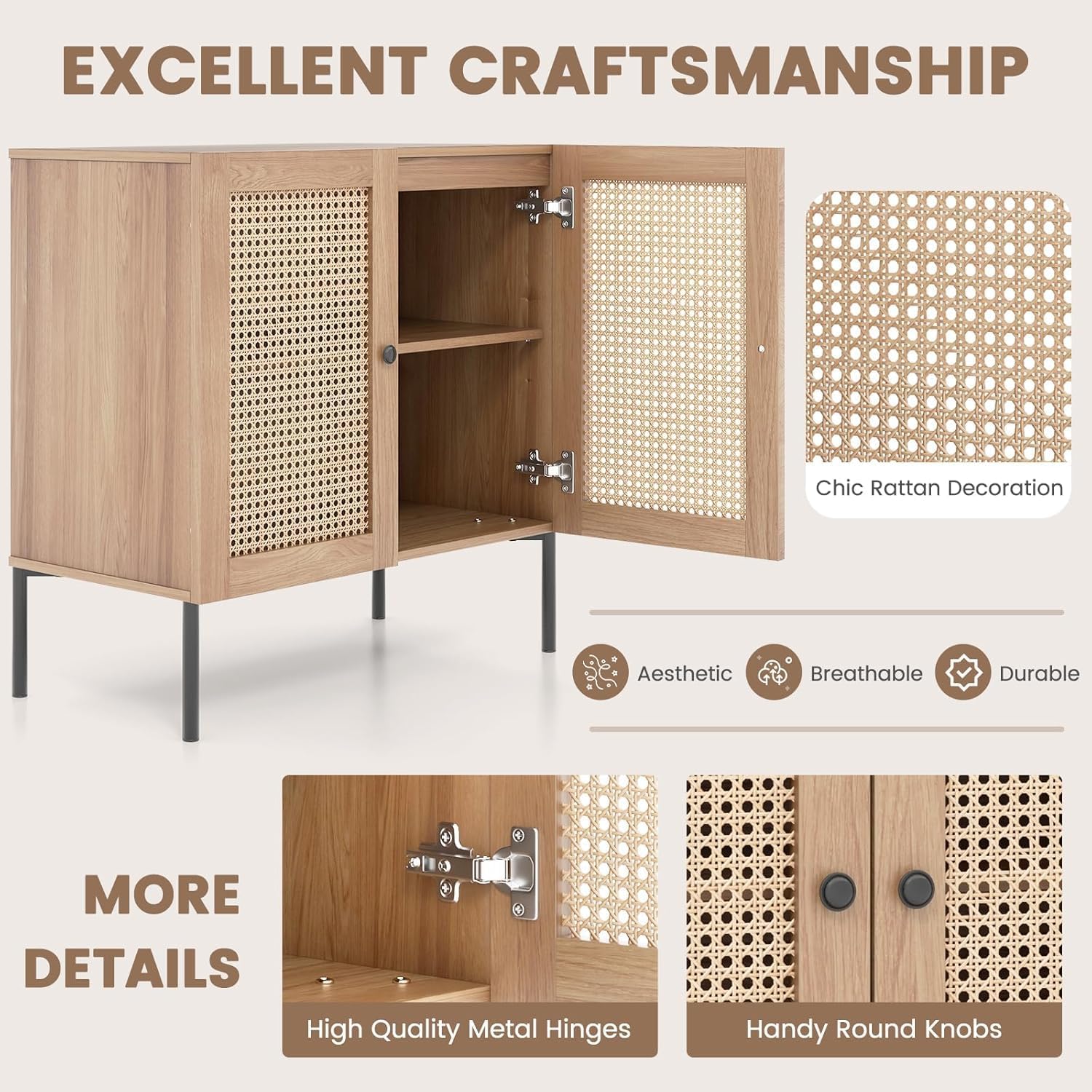 MAT EXPERT Buffet Cabinet, Rattan Sideboard Console Table Coffee Bar Accent Cabinet w/Adjustable Shelf, Boho Credenza, Storage Cabinet for Entryway Kitchen Living Room Hallway (1, Oak)