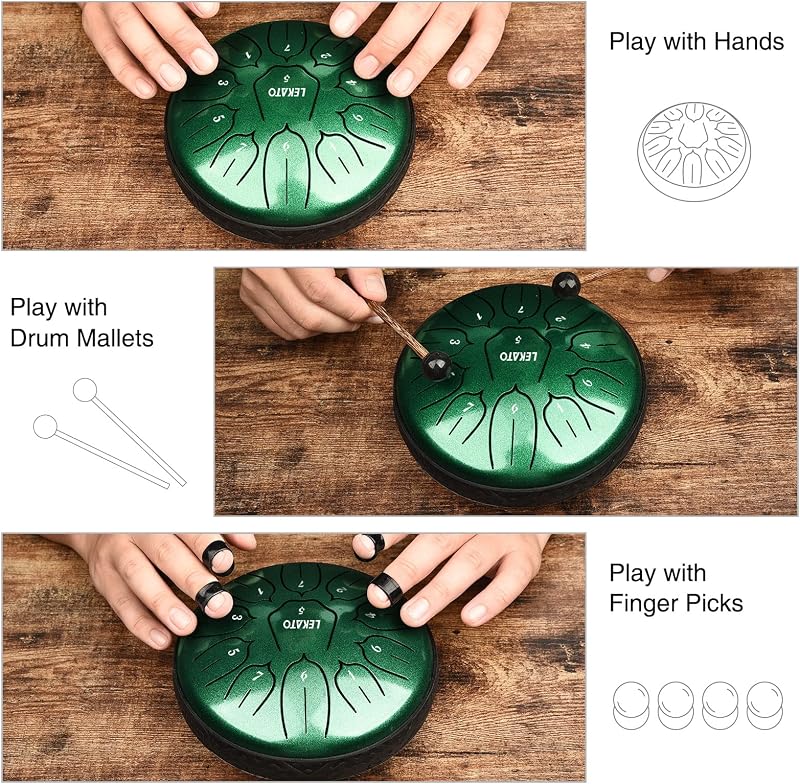 LEKATO 6 Inch Acél Nyelvdob 11 Hanggal D Kulcsban Handpan Esődob Gyógyító Hangokkal Zöld