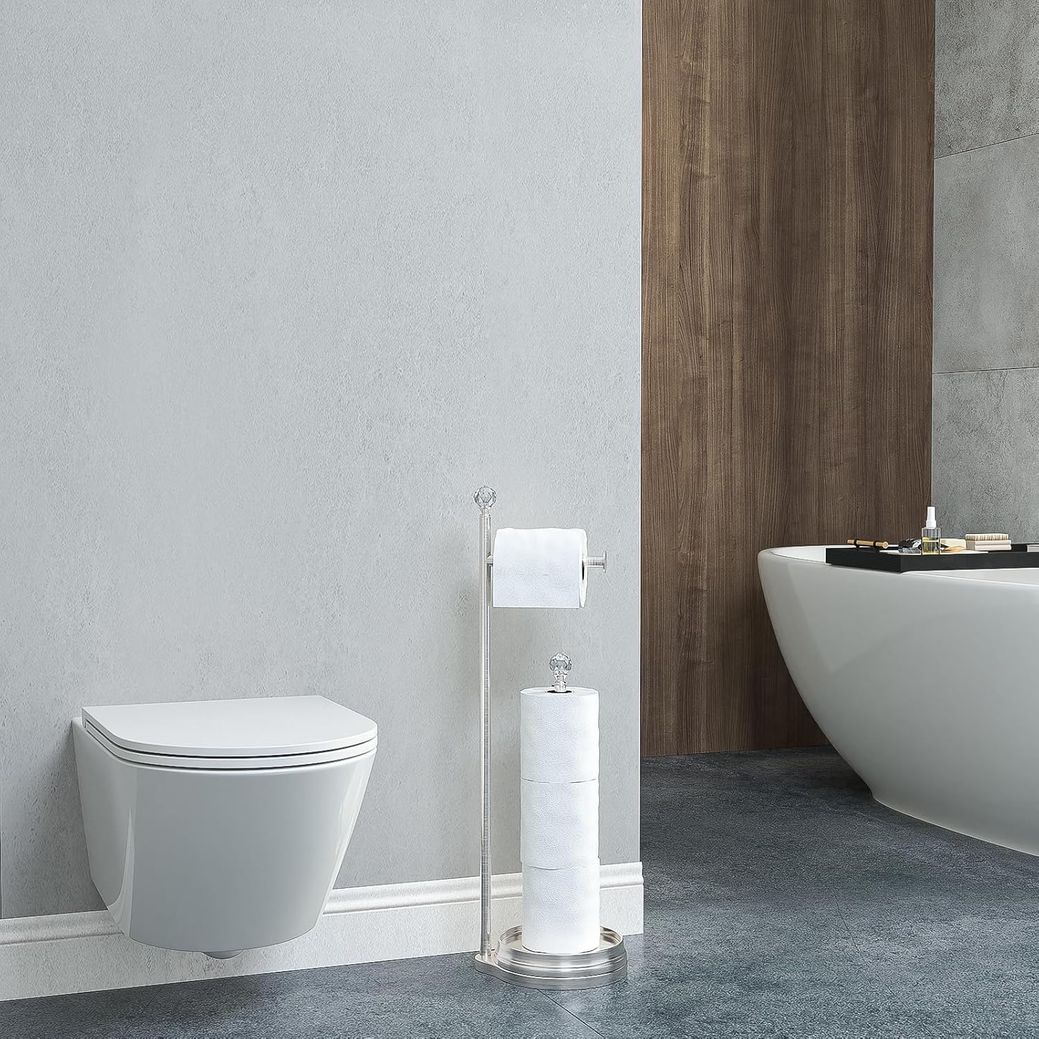 KASUNTO Toilet Paper Holder for Bathroom, Heavy Weighted Metal Free Standing Toilet Paper Holder Stand with Crystal Ball, Toilet Paper Roll Stand for Bathroom Accessories