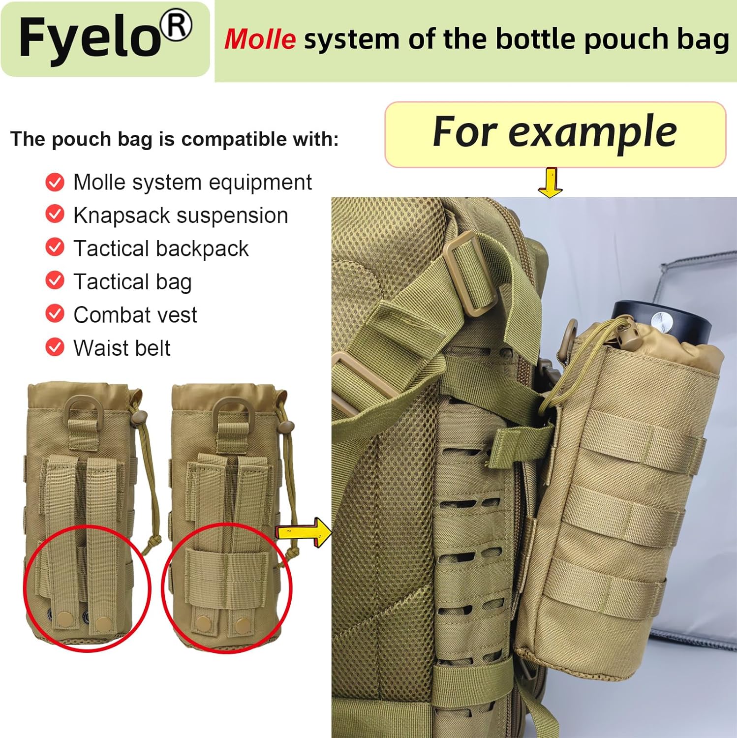 Tactical MOLLE Bottle Pouch Bag, Travel/Sprots Molle Water Bottle Holder with Drawstring Open Top and Mesh Bottom - Image 4