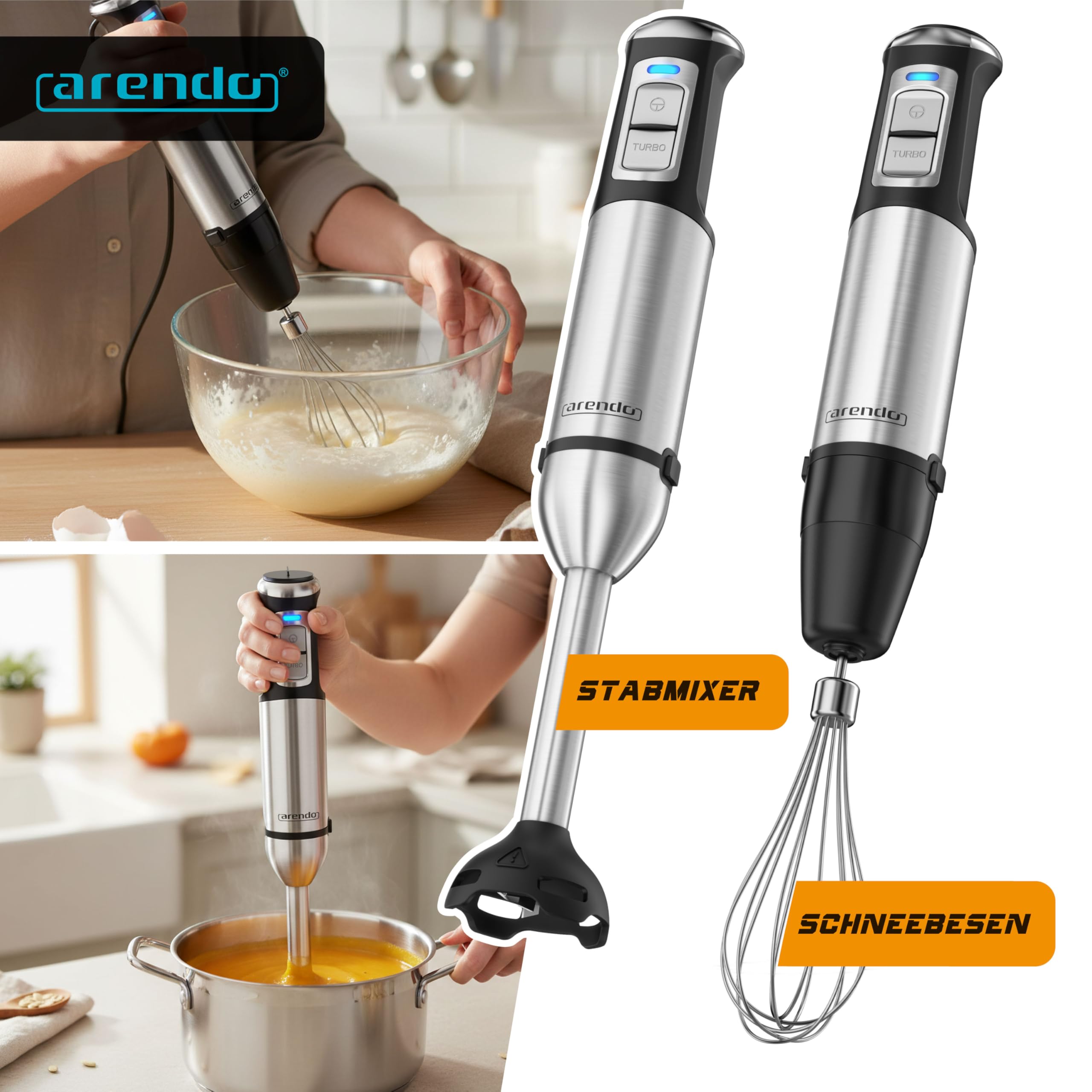 Arendo - Edelstahl Stabmixer 2000 Watt - Handmixer Set - Pürierstab - stufenlose Geschwindigkeit - Turbotaste – Mixfuß mit Edelstahlmesser - Schneebesen – BPA-frei