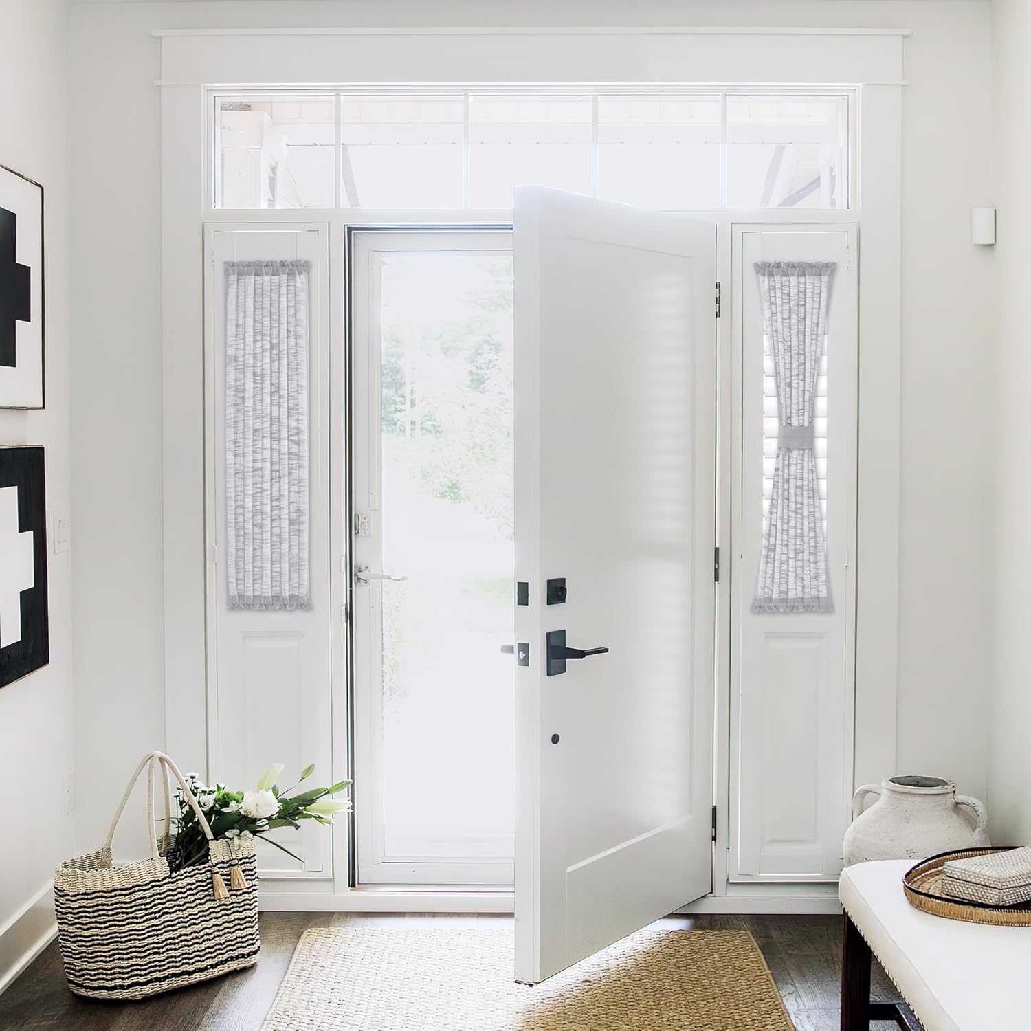 FMFUNCTEX Grey Sidelight Panels 40 Inches Long Short Linen Texture Semi Sheer French Door Curtains for Entry Front Foyer Privacy Not See Through Natural Gray 24 Inches Long 2 Panels