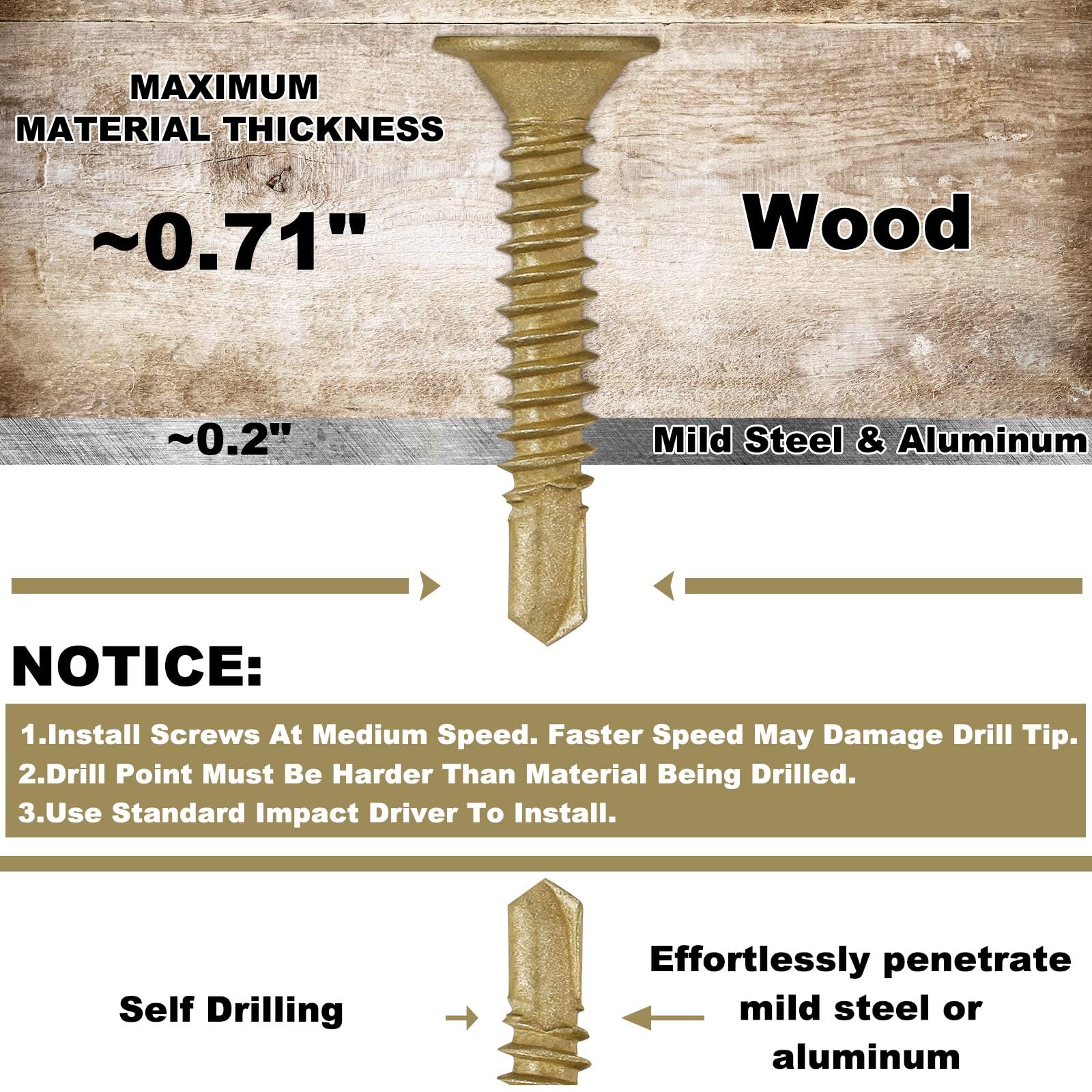 Yaocom 630 tornillos autoperforantes de madera a metal de bronce #10-16 x 1-1/4 pulgadas de metal autorroscantes para cubierta de remolque
