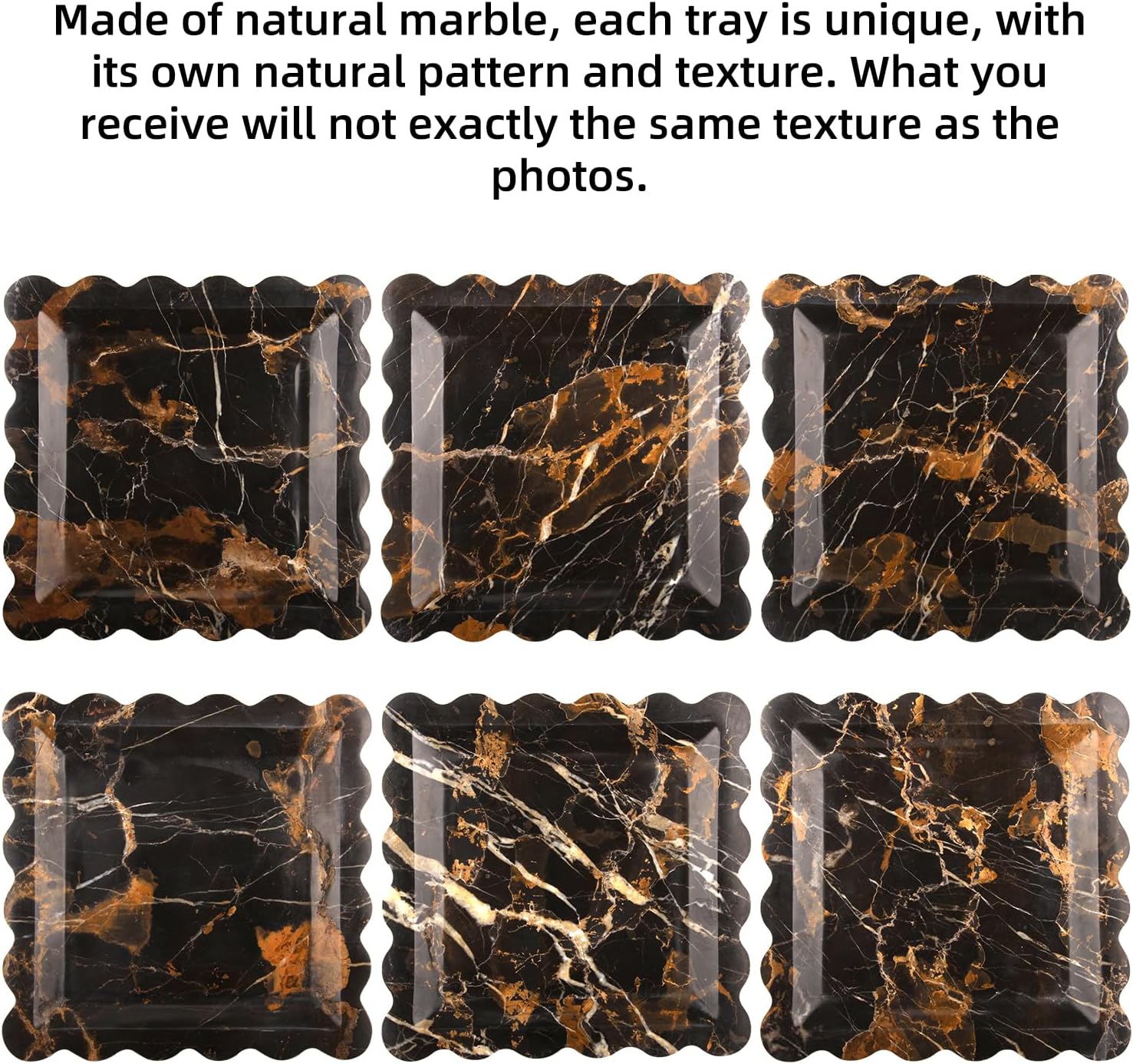 Square Marble Decorative Tray with Scalloped Edge,Luxury Natural Stone Bathroom Vanity Tray, Dresser Top Perfume Coffee Home Kitchen Toilet Sink Tray, Key Trinket Ring (Black Gold, 8 * 8)