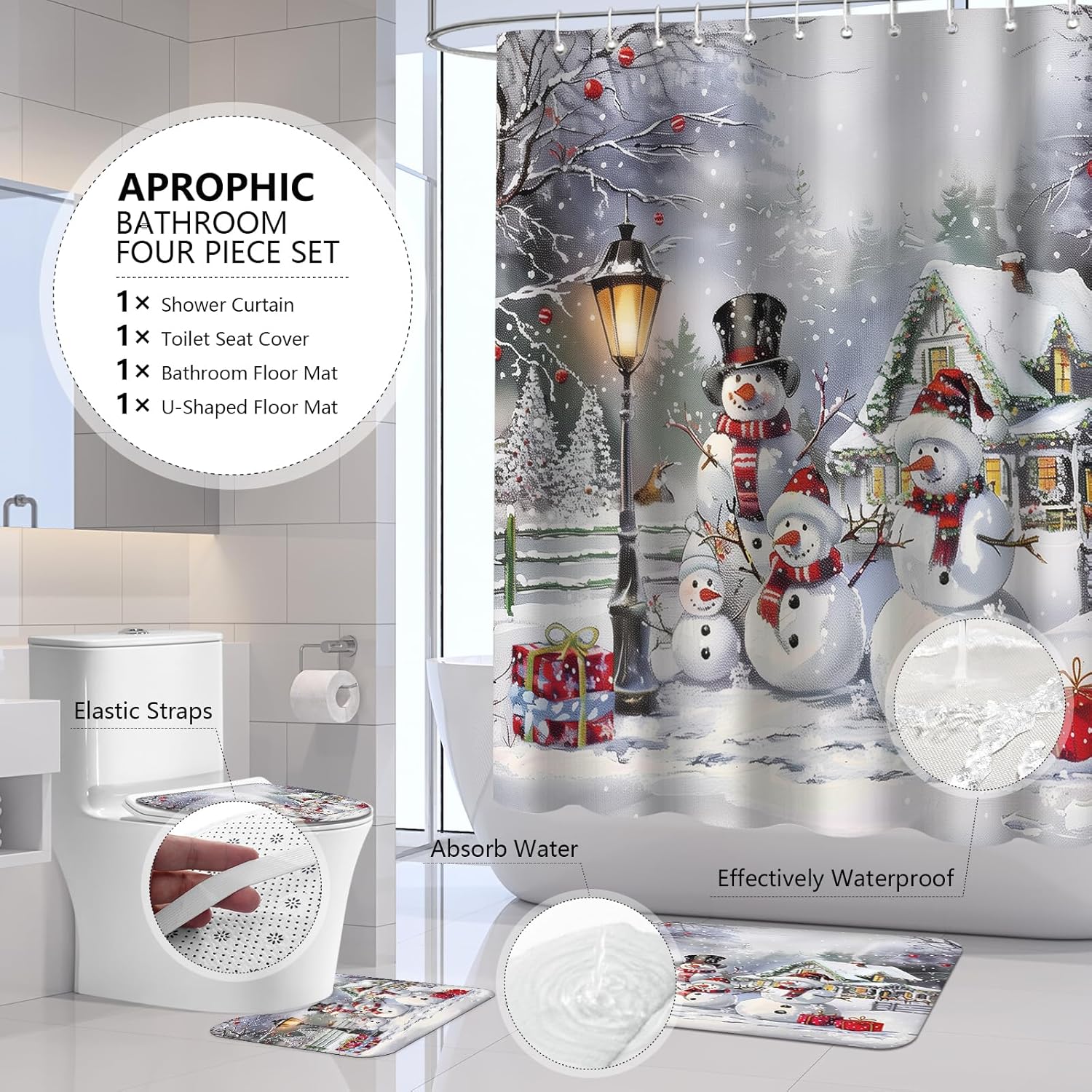 APROPHIC Christmas Snowman Shower Curtain Sets with Rugs for Bathroom Decor, Nons Slip Absorbent Rug, U Shaped Bath Mat, Toilet Lid Cover, Funny Xmas Winter Bathroom Accessories with 12 Hooks