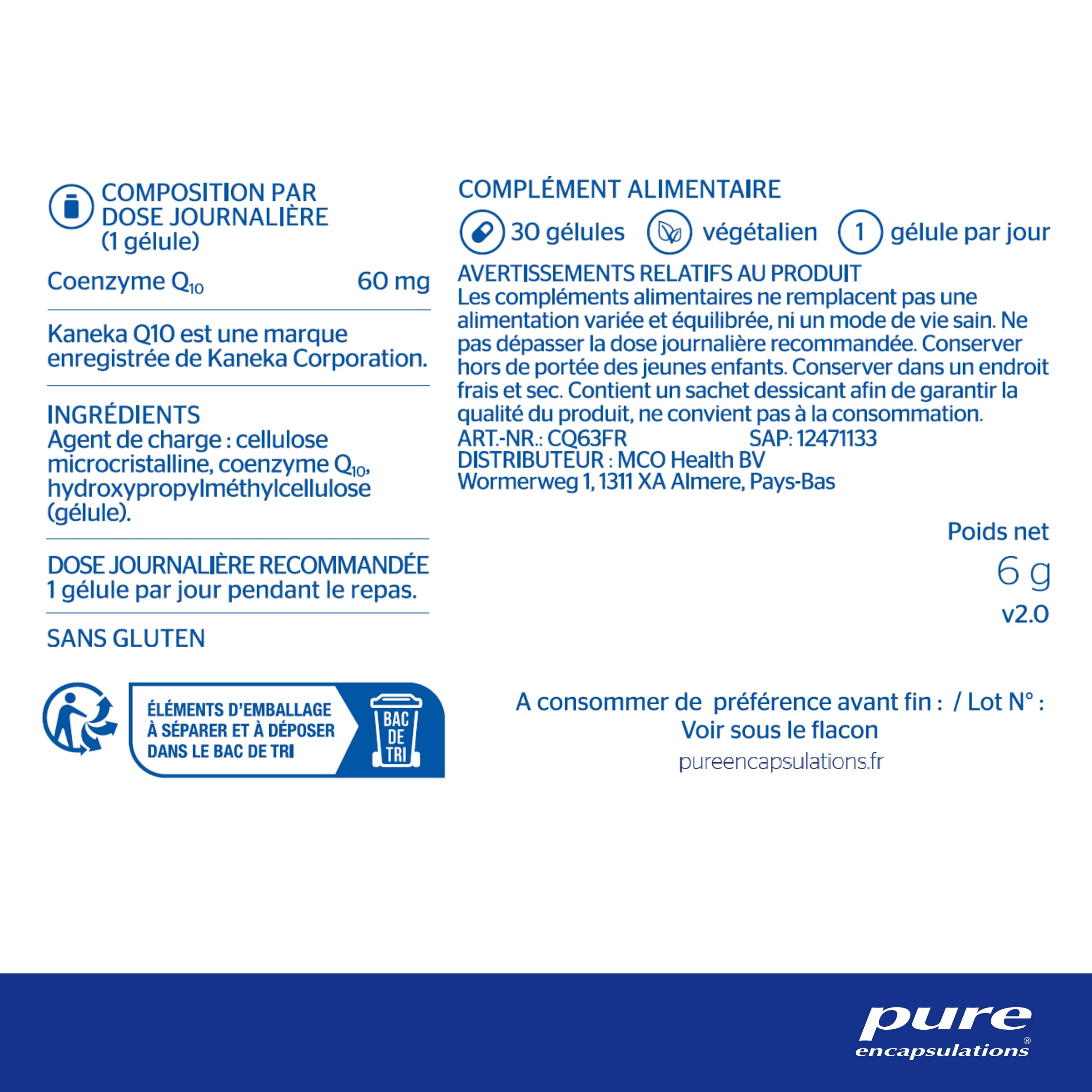 Pure Encapsulations - Coenzyme Q10 60mg - CoQ10 Biodisponible, Naturelle & Biologiquement Active - Obtenue par Fermentation - Haute Concentration - 30 Gélules Véganes