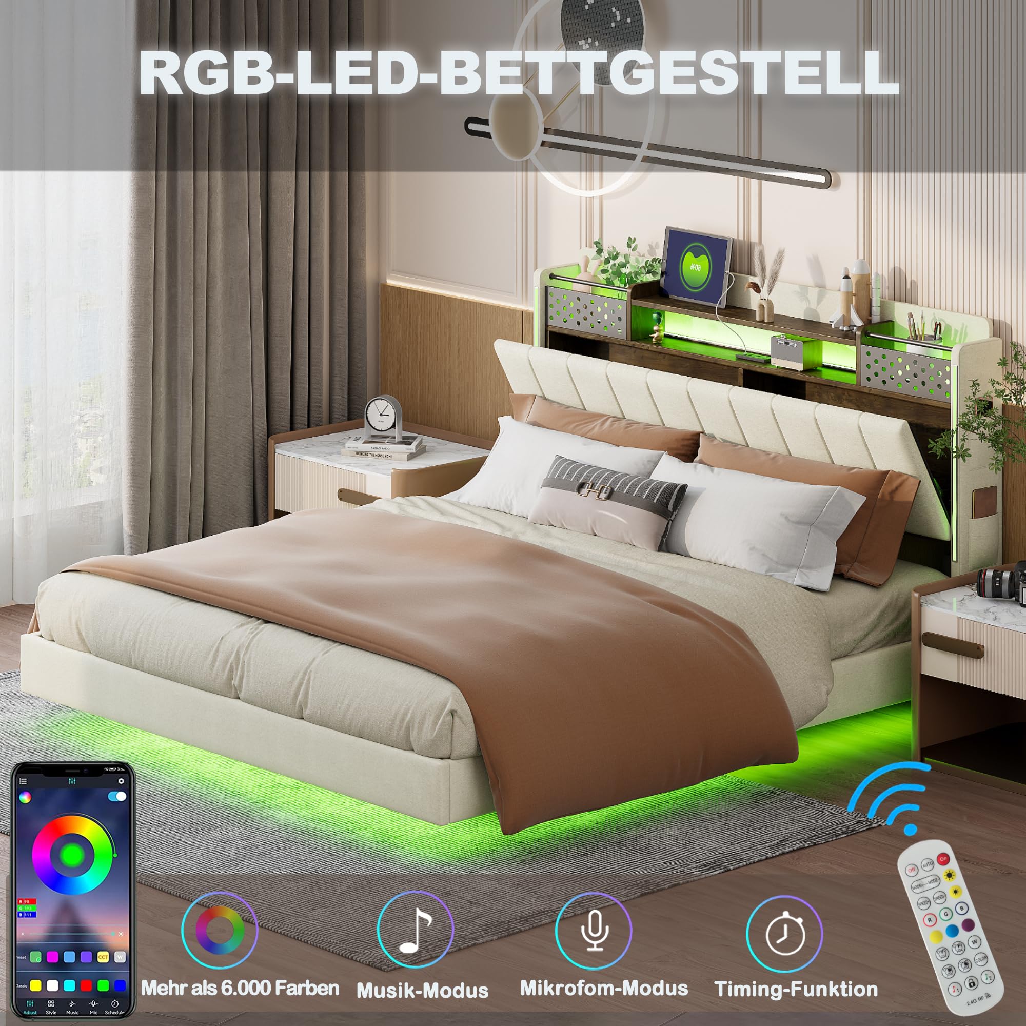 Letto Matrimoniale Imbottito 160x200 Cm Con LED RGB, Porta USB E Contenitore - Tessuto Lino Grigio, Senza Materasso