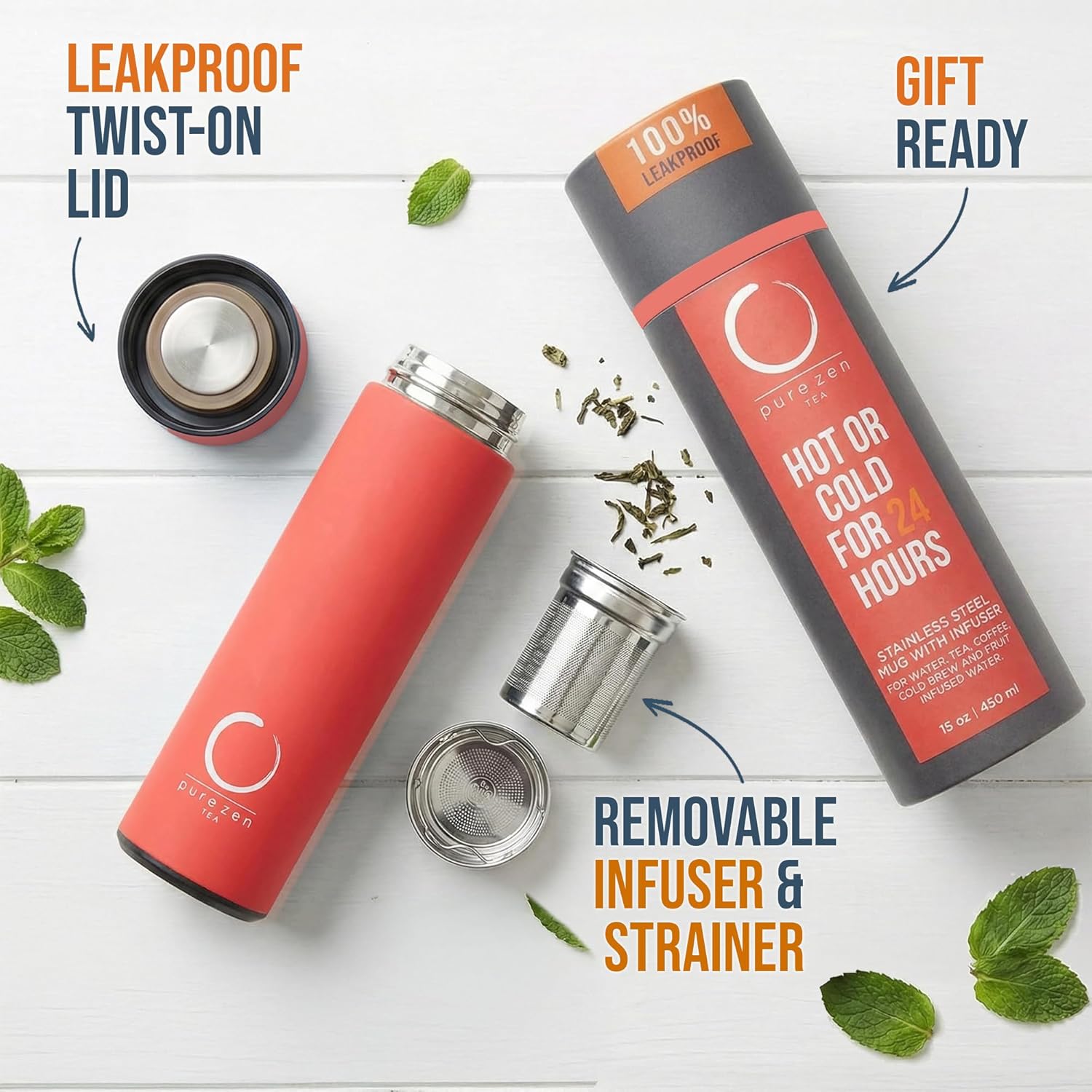 Pure Zen Tea Thermos with Infuser for Hot and Cold Infusions - Stainless Steel - Tea Infuser Bottle - Leakproof Travel Mug with Filter - 15oz - Red - Image 3