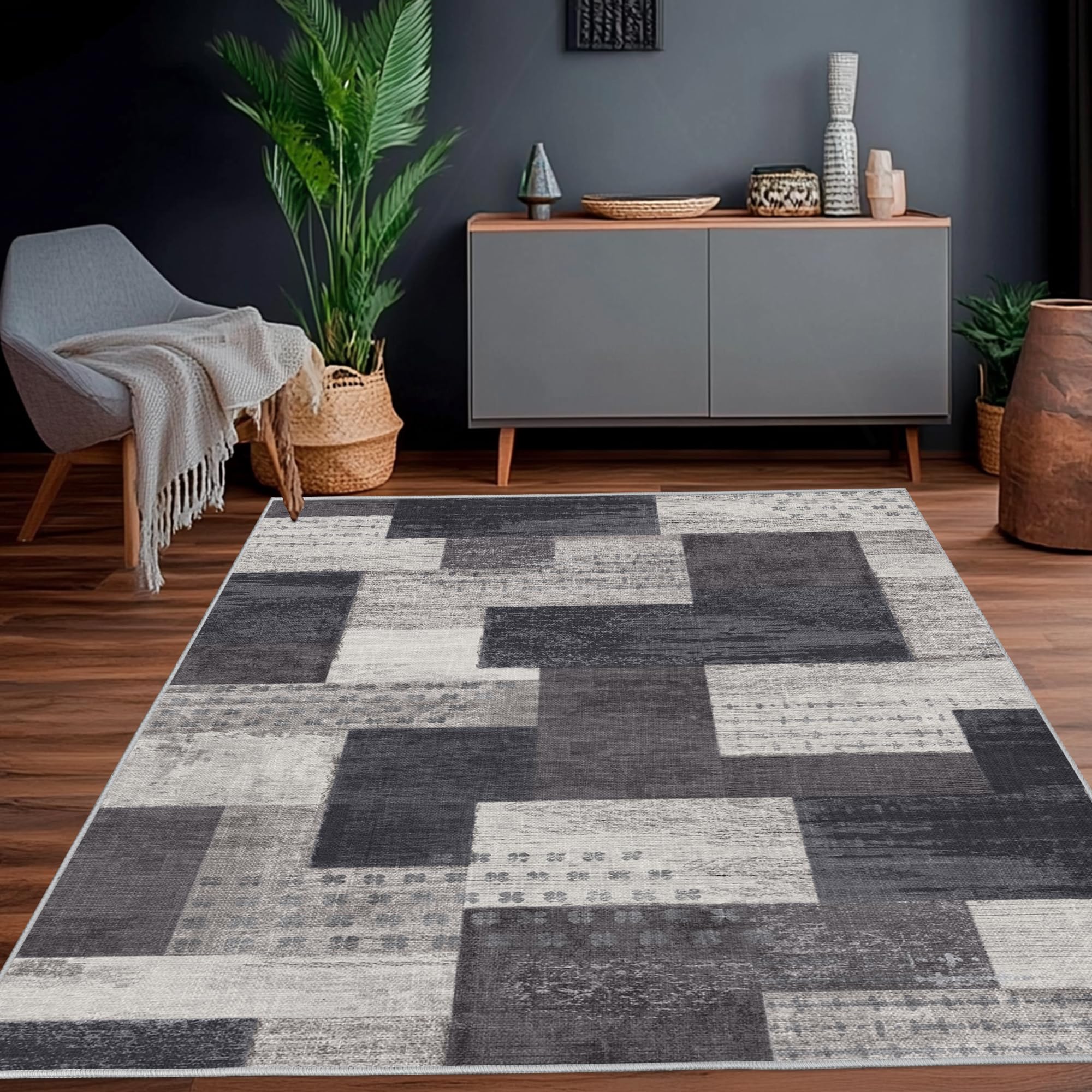 Calinline Moderne Geometrische Patchwork Indoor Wohnzimmer Teppich, Anthrazit 200x300 cm Große Teppiche Rockwood Sammlung Böden Dekor für Schlafzimmer, Grau Weich Kurzflor Waschbar Teppich Gegend
