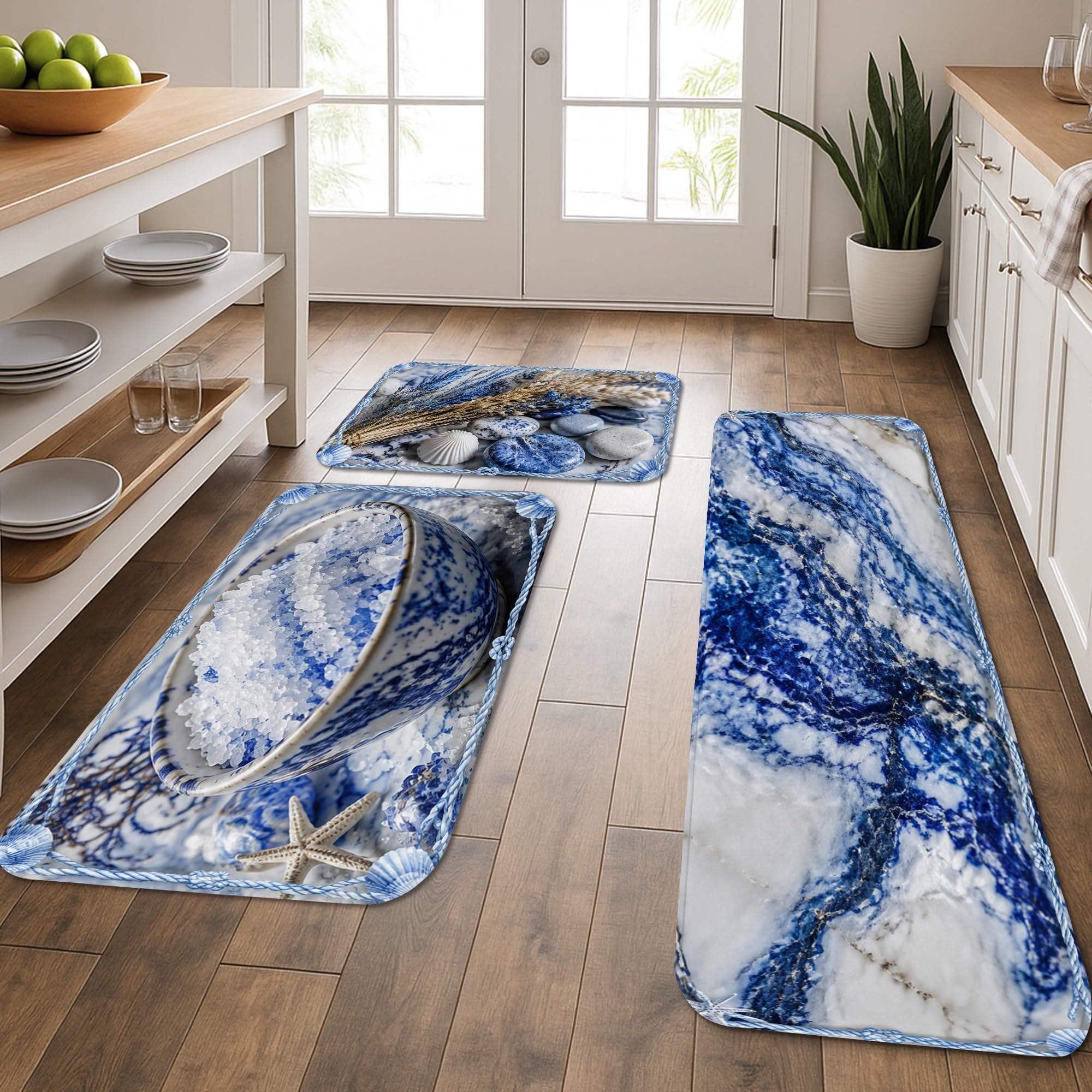 Tapis de cuisine océan anti-fatigue lot de 3 tapis de sol anti-glisse bleu été