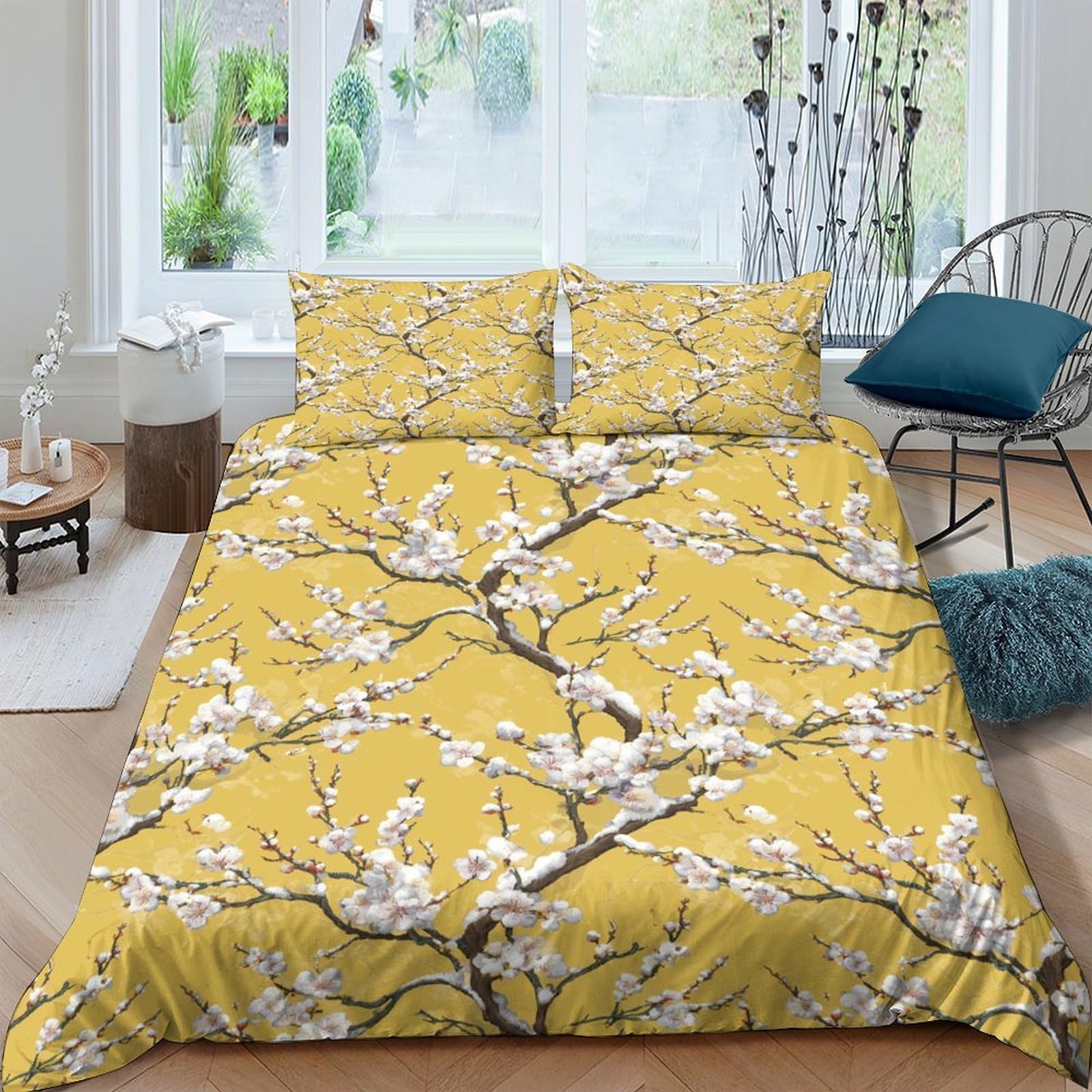 Ctjqhvkz Style-4 3D Printed Yellow Blossom Fitted Sheet Microfiber Soft Breathable Branch Mattress Cover For Bedroom Guest Room Decor Single（135X200cm）
