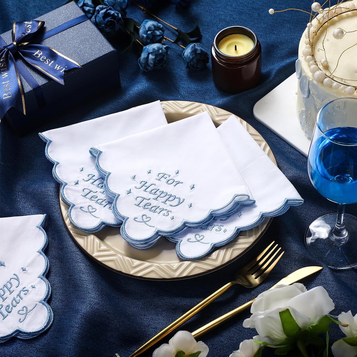 Tioncy 6 Pcs Wedding Handkerchiefs 12 Inch Bride Embroidered Handkerchiefs Something Blue Cotton Hankies Gifts for Wedding - Image 4