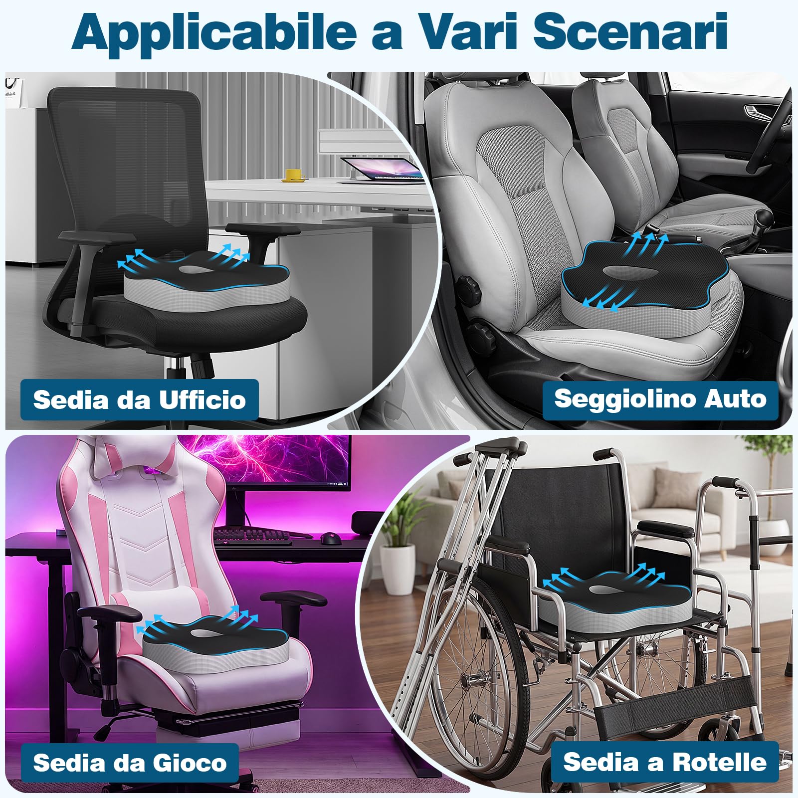 Cuscino Sedia Ufficio, Cuscino Ortopedico Seduta per Coccige, Memory Foam Cuscino Ergonomico Sedia Ufficio, Ciambella Antidecubito Alleviare il Dolore Cuscino per Sedia per Ufficio Auto Gaming - Nero