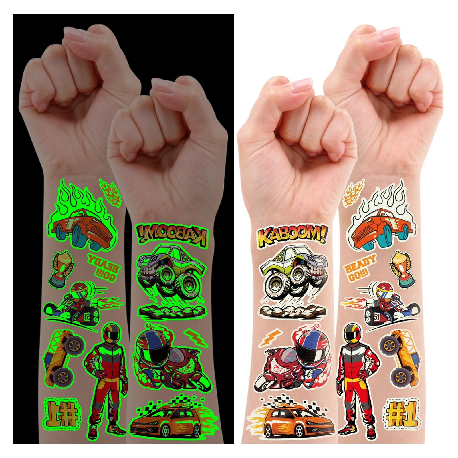 Partywind 380 Styles (30 Sheets) Luminous Tattoos for Kids, Mixed Styles Temporary Tattoos Stickers with Mermaid/Dinosaur/Outer Space/Pirate for Boys and Girls, Glow Party Supplies - Cars
