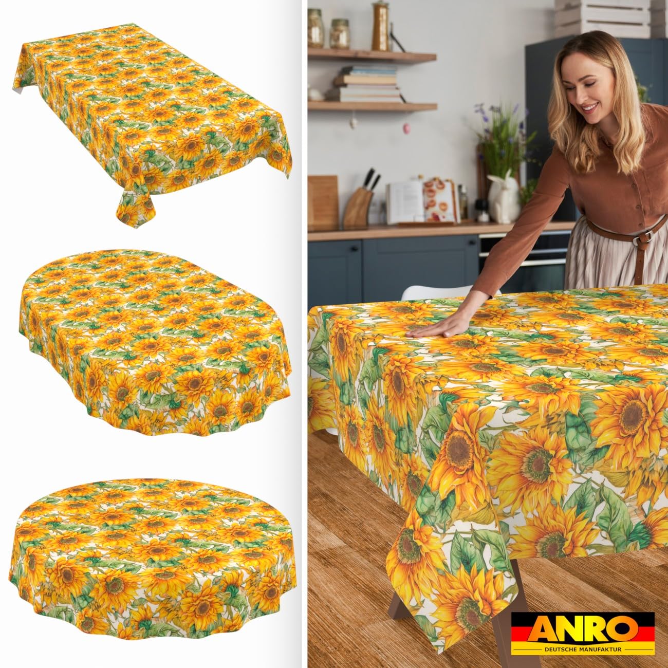 ANRO Tischdecke abwaschbar Sonnenblume 220x140 cm Outdoor wetterfest