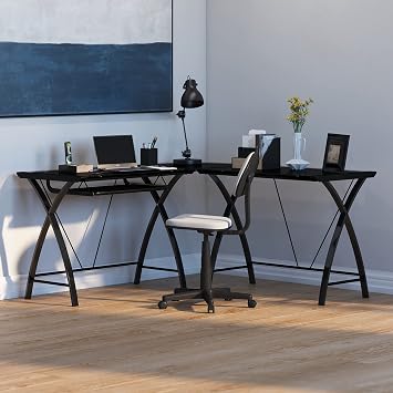 HBCY Creations L-Shaped Computer Desk - Black Tempered Glass Top - Cherry Finished Wood Legs - Powder Coated Bracing - Keyboard Tray