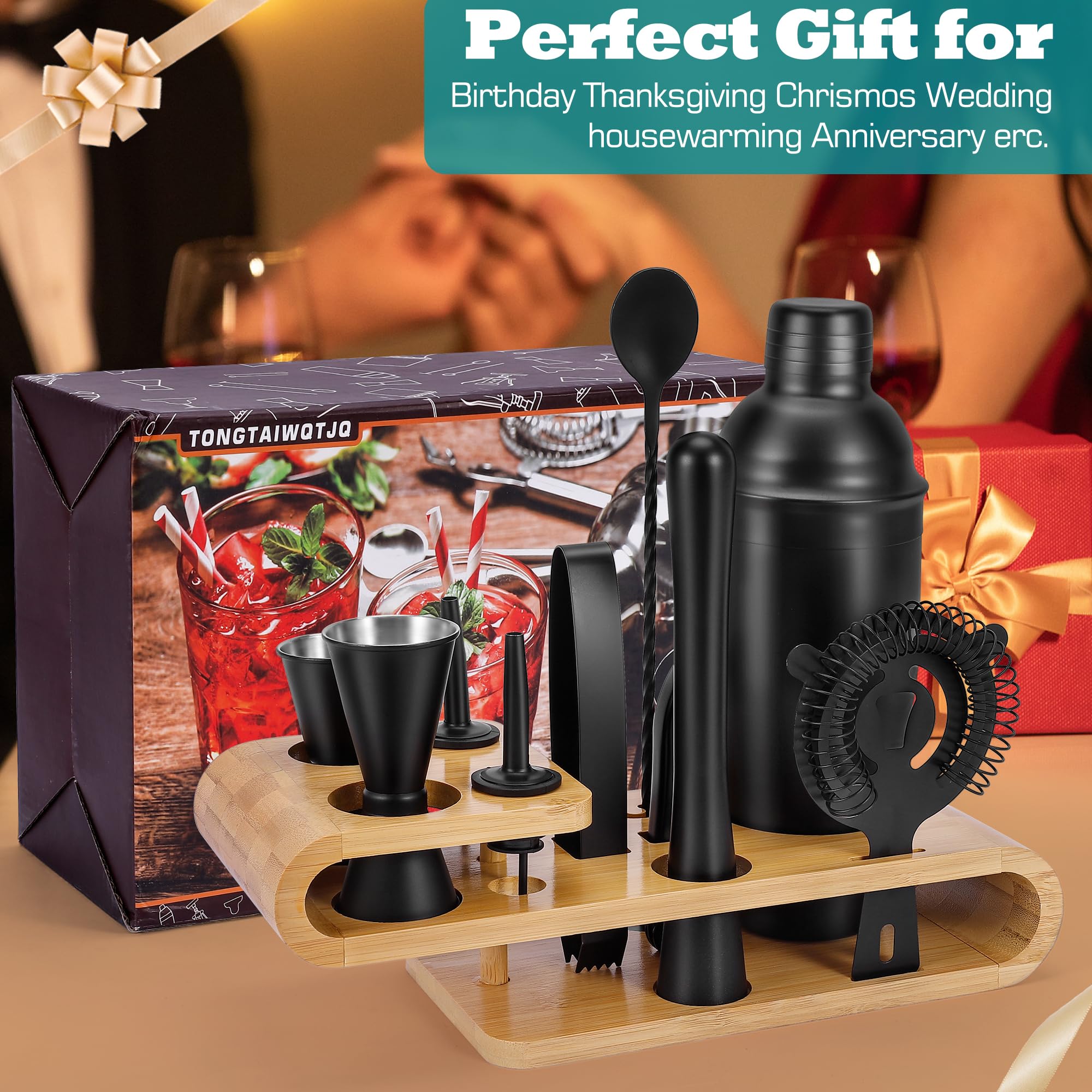 Set di shaker da cocktail per barista con elegante supporto in bambù, set di utensili da bar nero da 18 pezzi con libretto di ricette, set di mixer per bevande per la casa