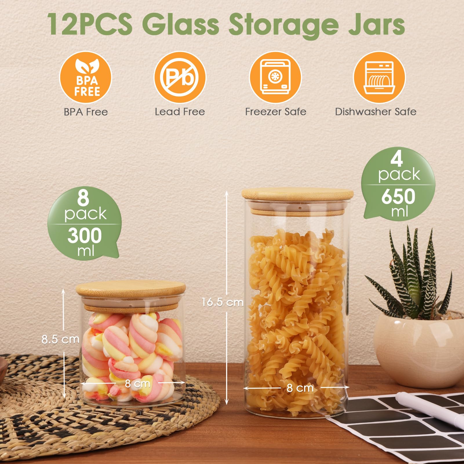 Lot de 12 Bocaux en Verre, 650ml/300ml - Pot en Verre avec Couvercle en Bambou - Pot de Rangement Cuisine - Bocal Hermétique Boite Rangement pour Pâtes, Céréales, Haricots, Épices