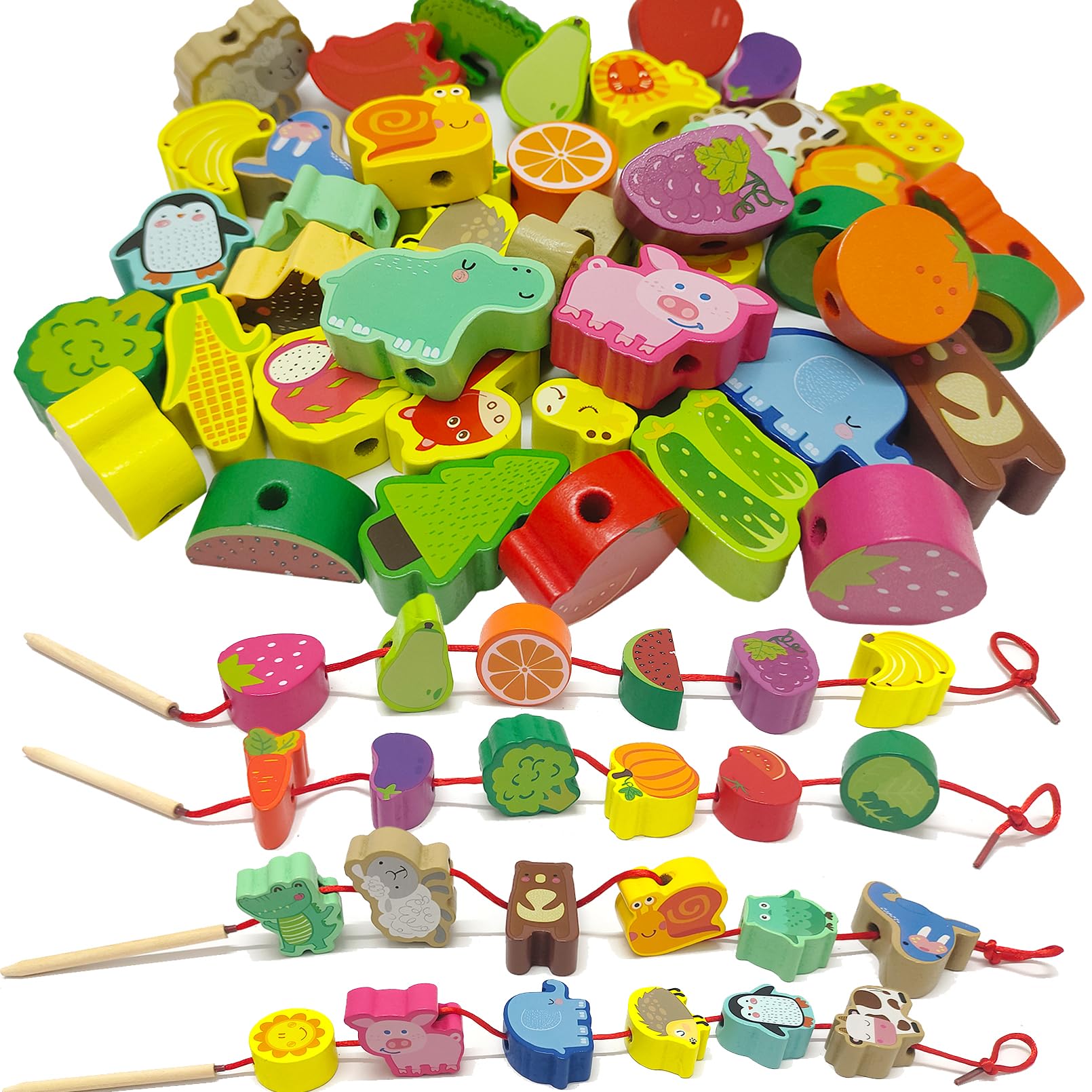 exinddea 46 PCS Wooden Lacing Beads,Animals Fruits Threading Toys for Toddlers,Preschool Learning Lacing Toys,Montessori Educational Stringing Threading Beads Toys for Kids 3 4 5 6 Year Old Boys Girls