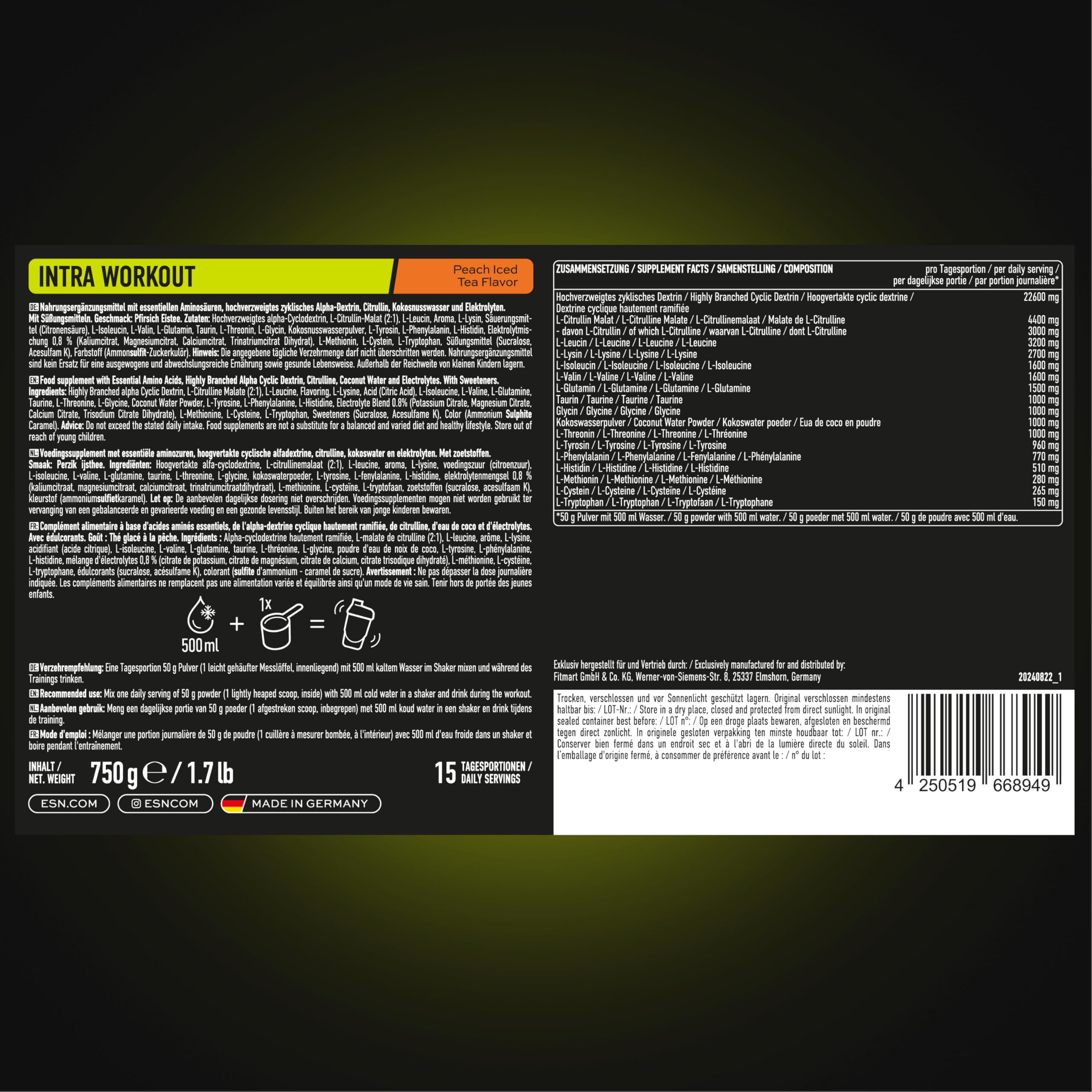 ESN Intra Workout, 750g, 15 Portionen, Peach Iced Tea, mit essentiellen Aminosäuren, Elektrolyten und Cyclic Dextrin, made in Germany